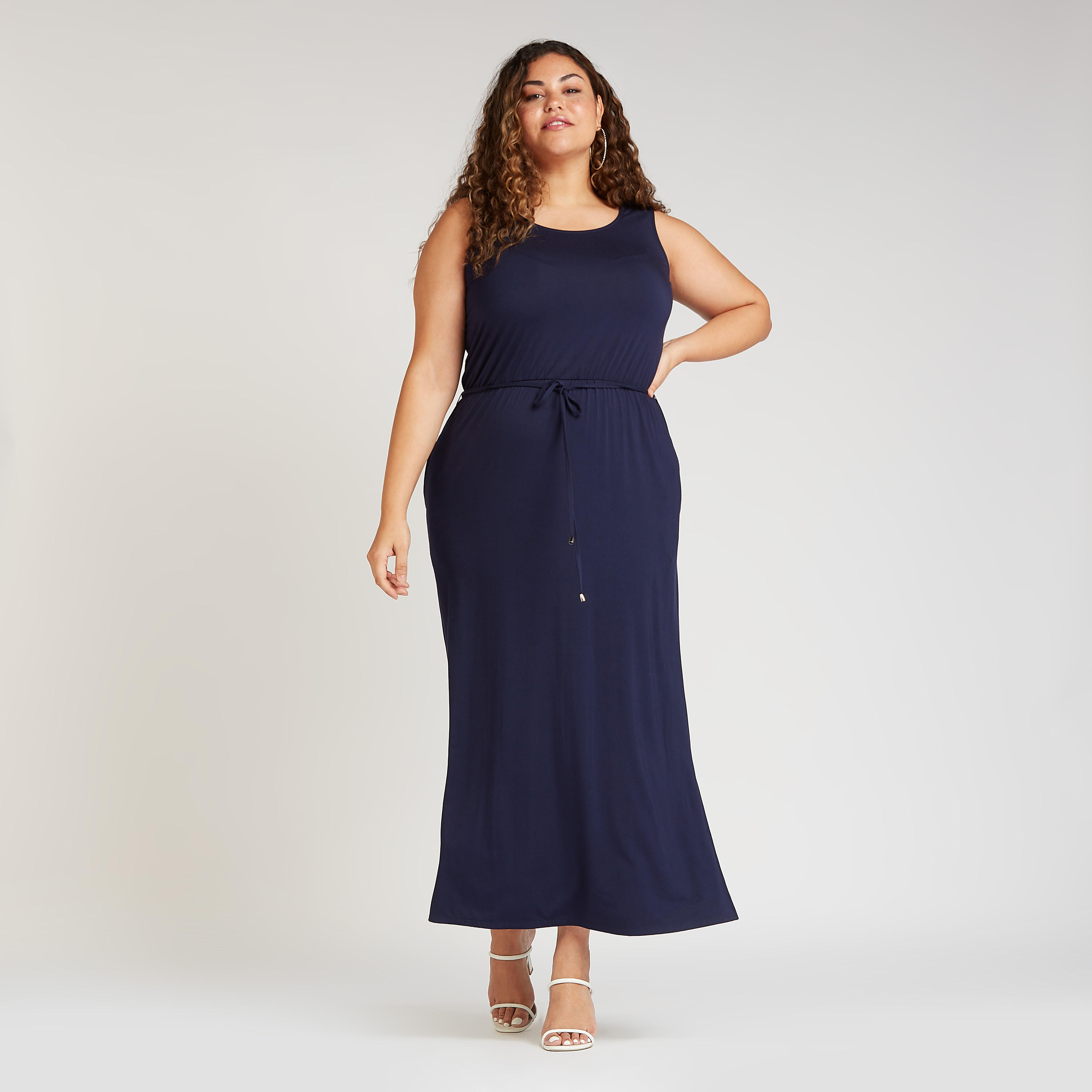 فستان إية لاين طويل سادة دون أكمام بتفاصيل جيوب وأربطة-women-clothing-dresses-image-1