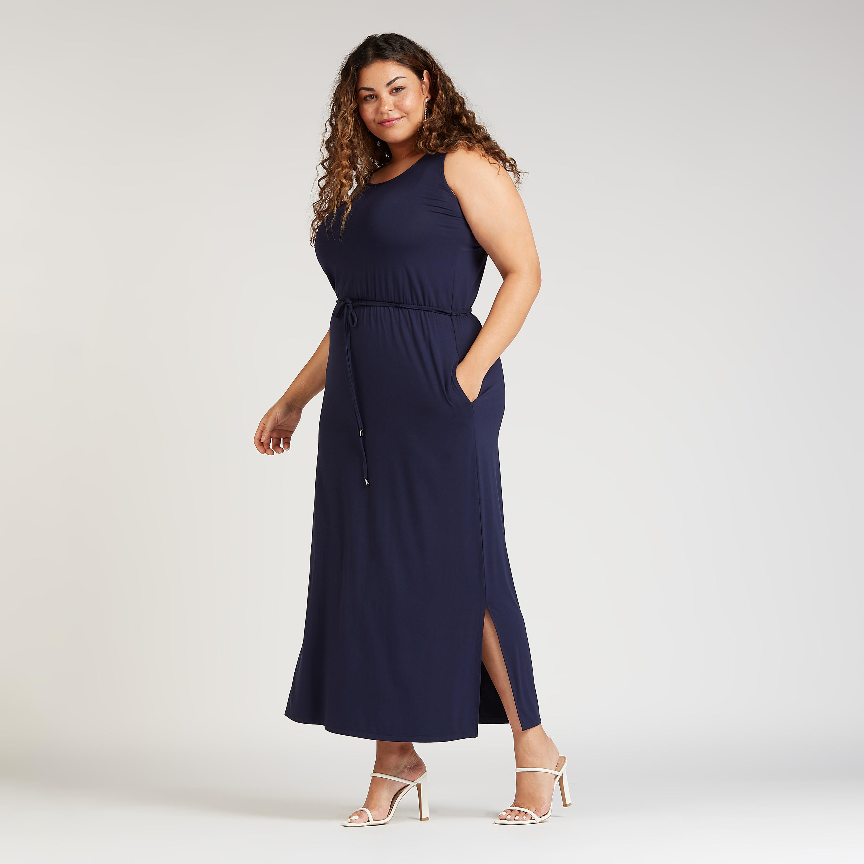 فستان إية لاين طويل سادة دون أكمام بتفاصيل جيوب وأربطة-women-clothing-dresses-image-2