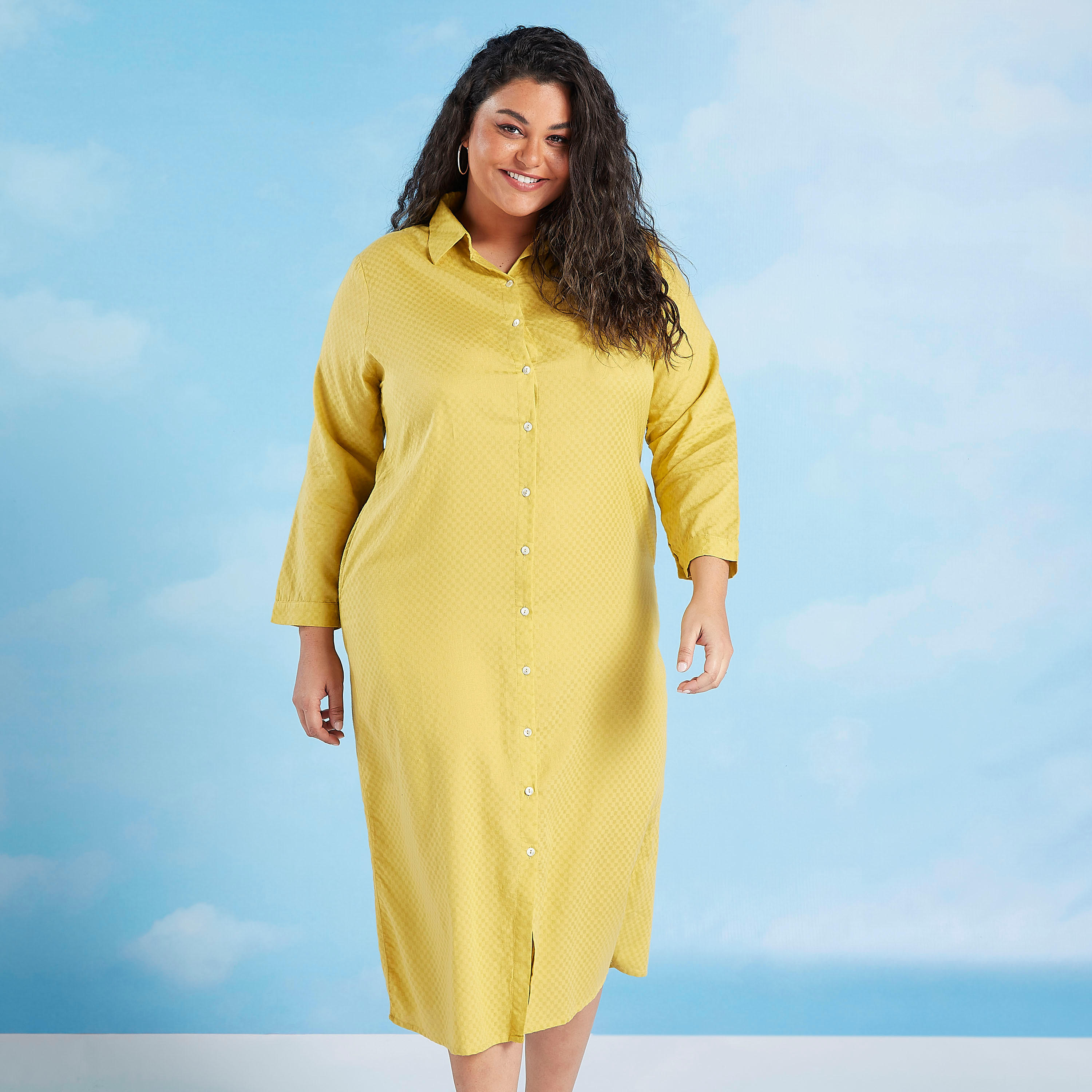 فستان قميص مستدام ميدي مربعات بأكمام طويلة-women-clothing-dresses-image-1