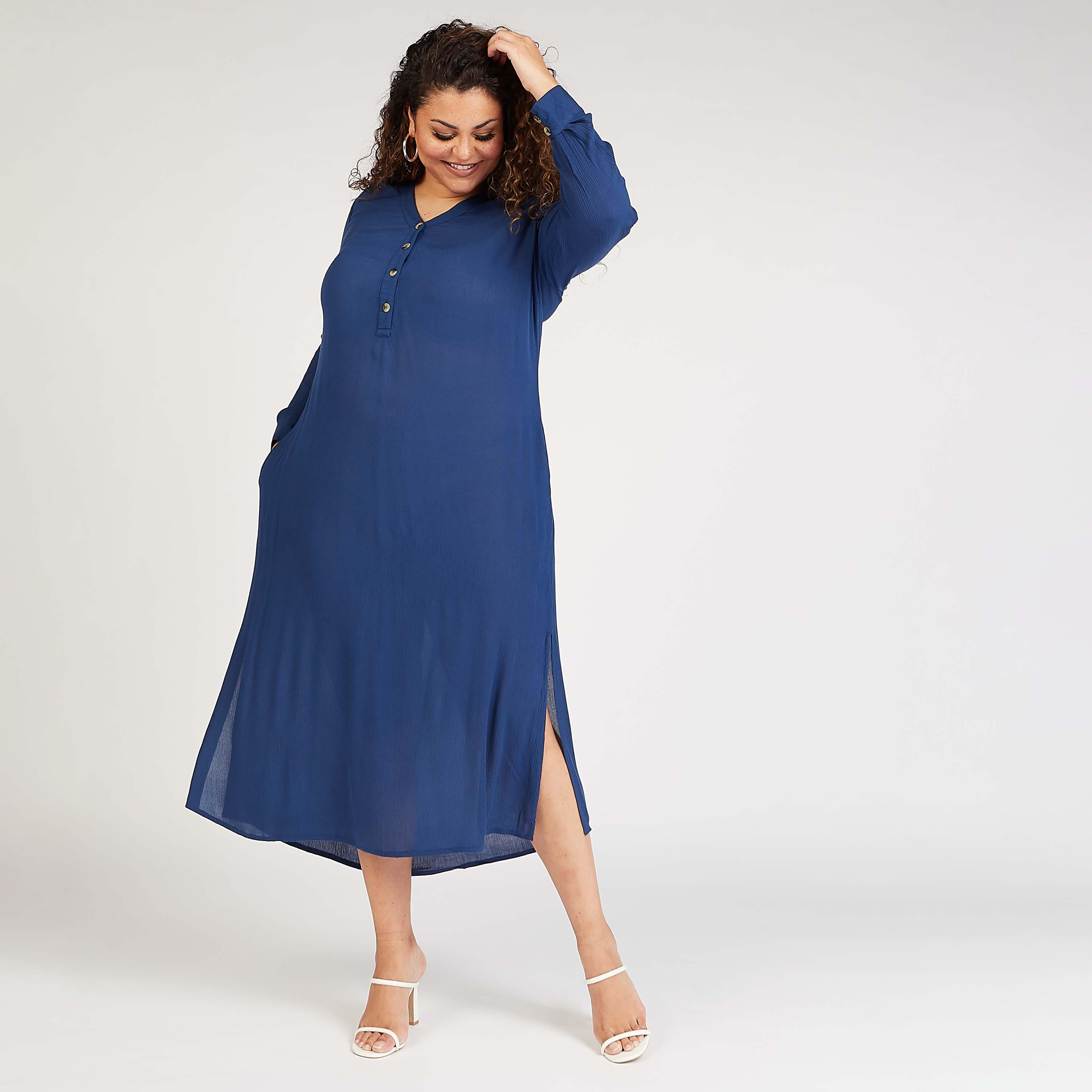 فستان قميص مستدام ميدي بارز الملمس بأكمام طويلة-women-clothing-dresses-image-5