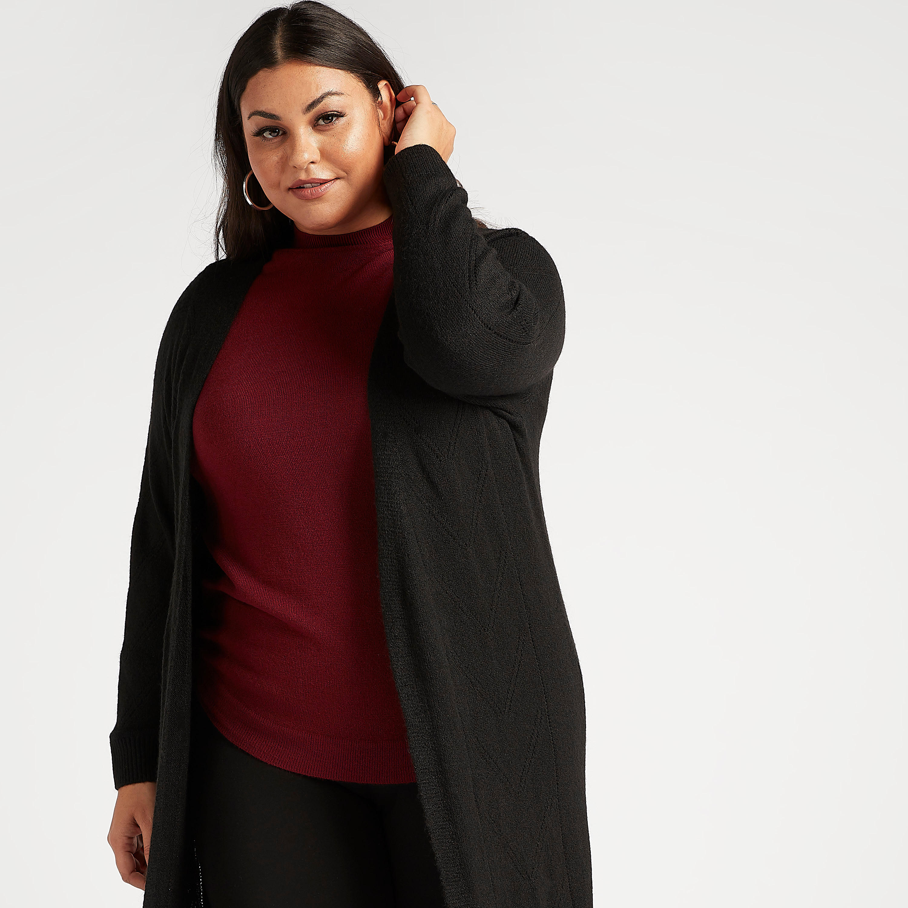 سترة طويلة بونتيل متعدّدة التصاميم بياقة منسدلة وأكمام طويلة-women-winterwear-cardigansandjumpers-cardigans-image-1