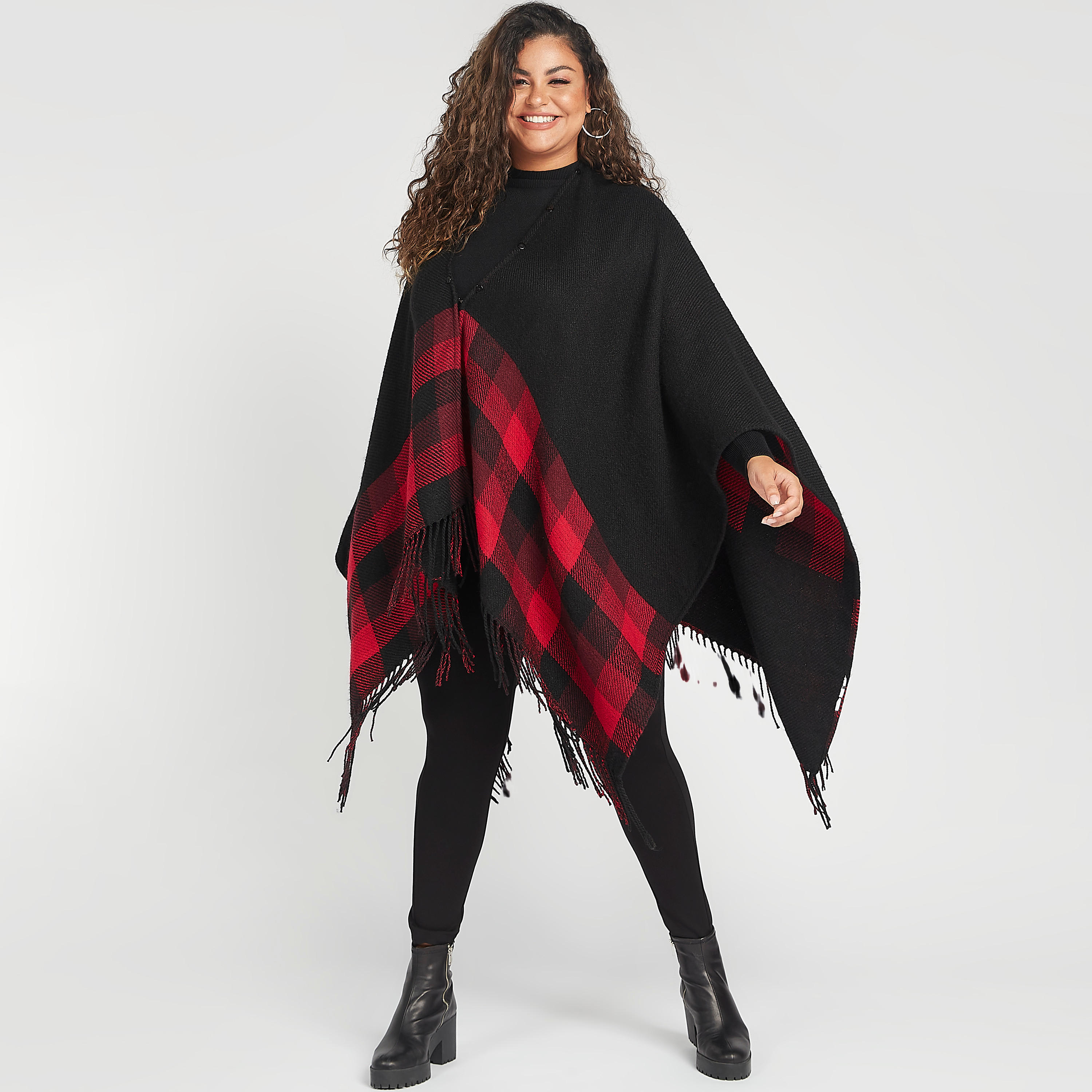 كارديجن بونشو مستدام كاروهات بياقة v وشراشيب-women-winterwear-cardigansandjumpers-cardigans-image-1