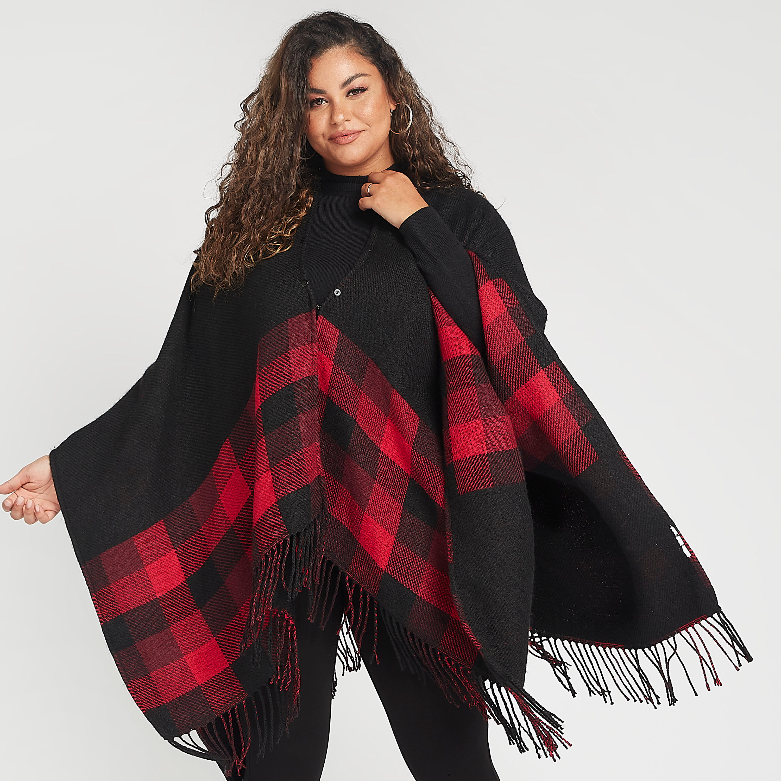 كارديجن بونشو مستدام كاروهات بياقة v وشراشيب-women-winterwear-cardigansandjumpers-cardigans-image-3