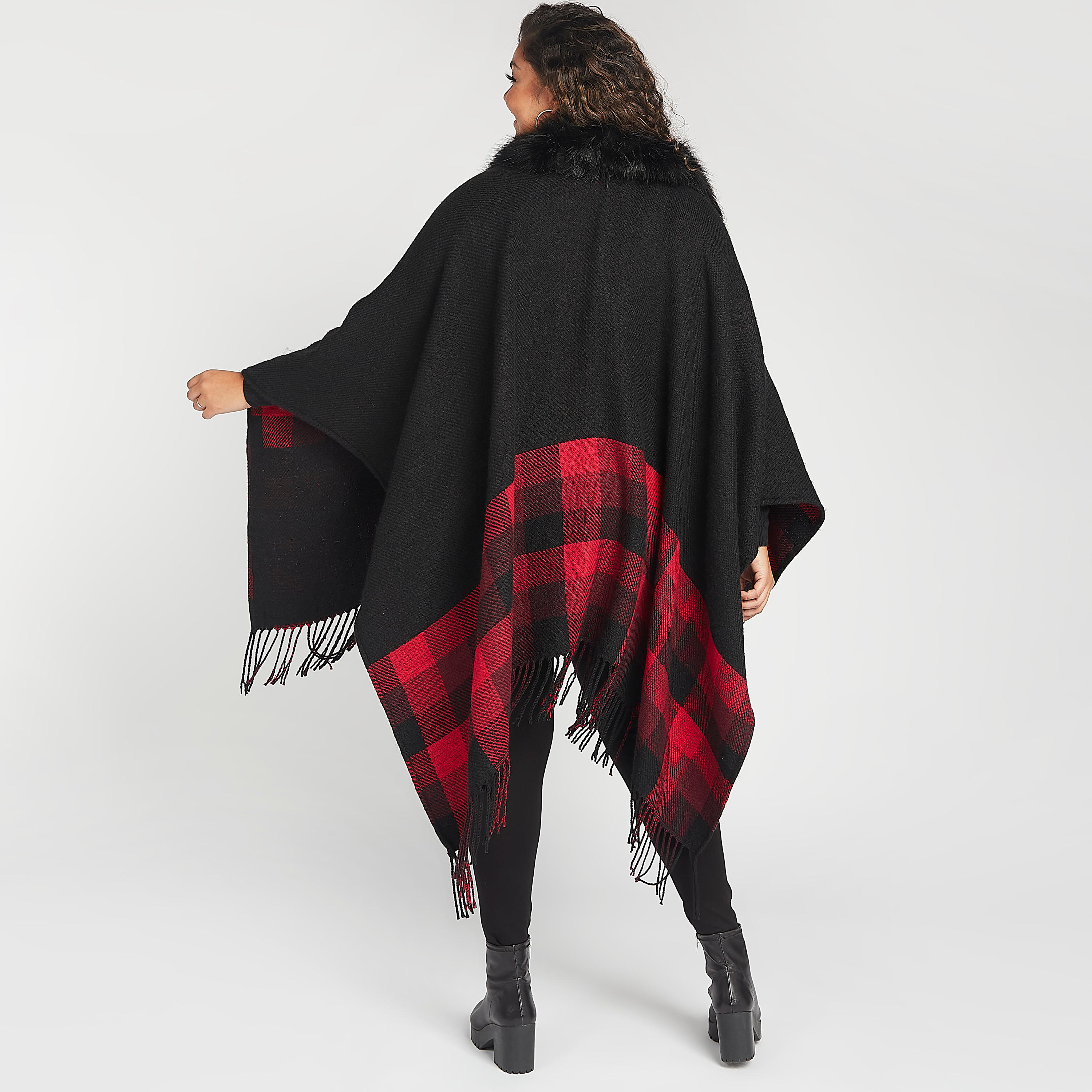 كارديجن بونشو مستدام كاروهات بياقة v وشراشيب-women-winterwear-cardigansandjumpers-cardigans-image-4