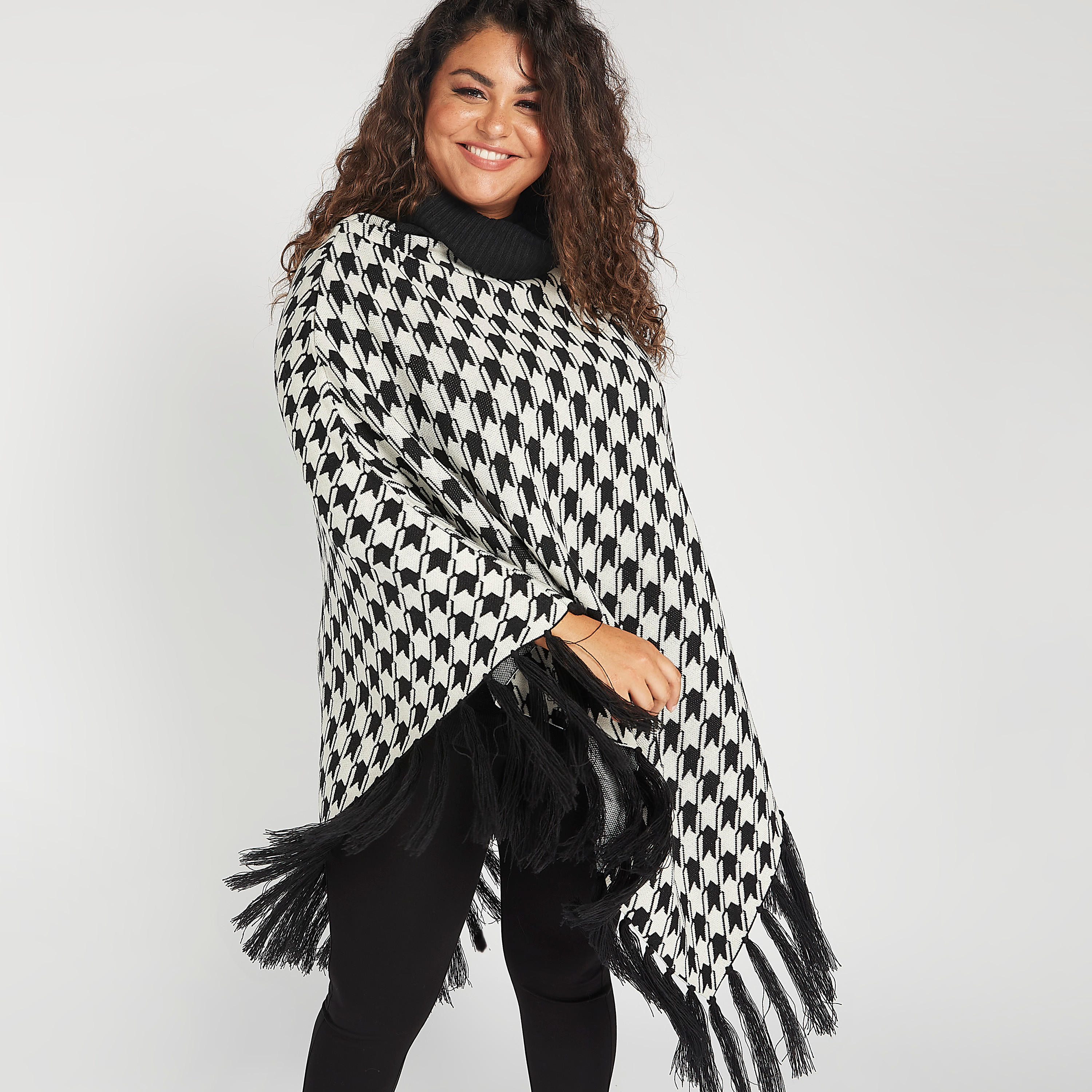 Houndstooth Jacquard Poncho with Tassels and High Neck-women-winterwear-cardigansandjumpers-cardigans-image-1