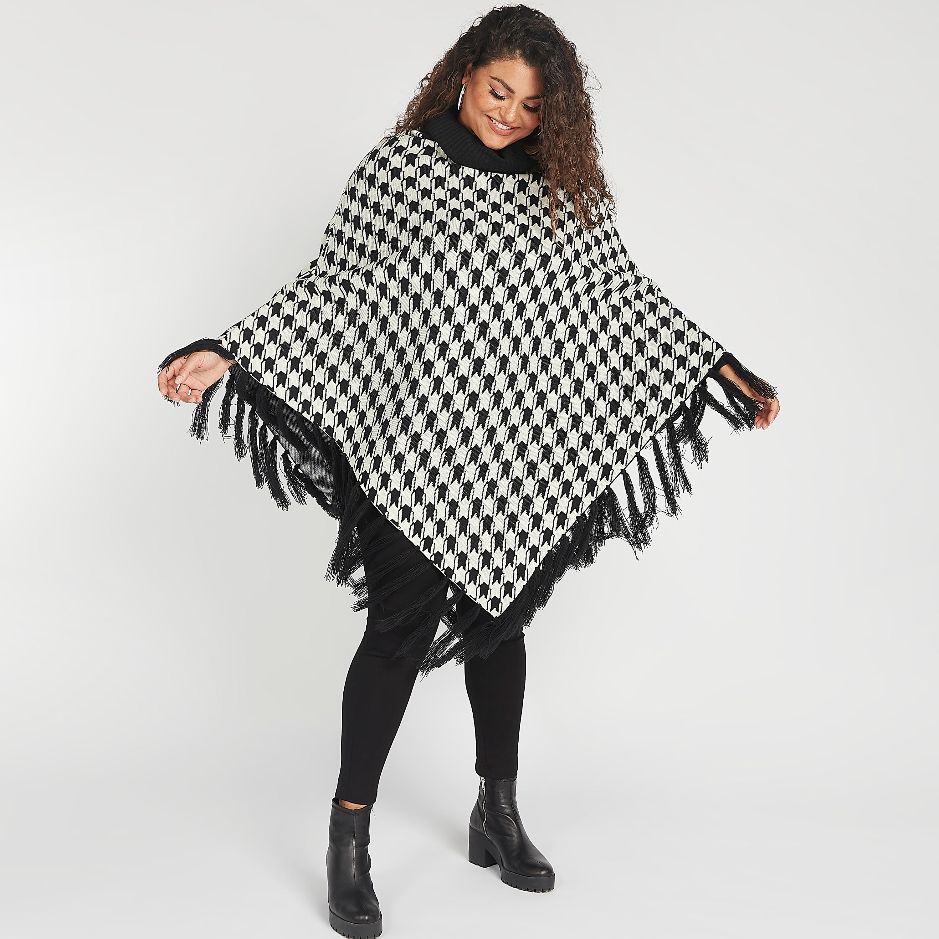 Houndstooth Jacquard Poncho with Tassels and High Neck-women-winterwear-cardigansandjumpers-cardigans-image-2