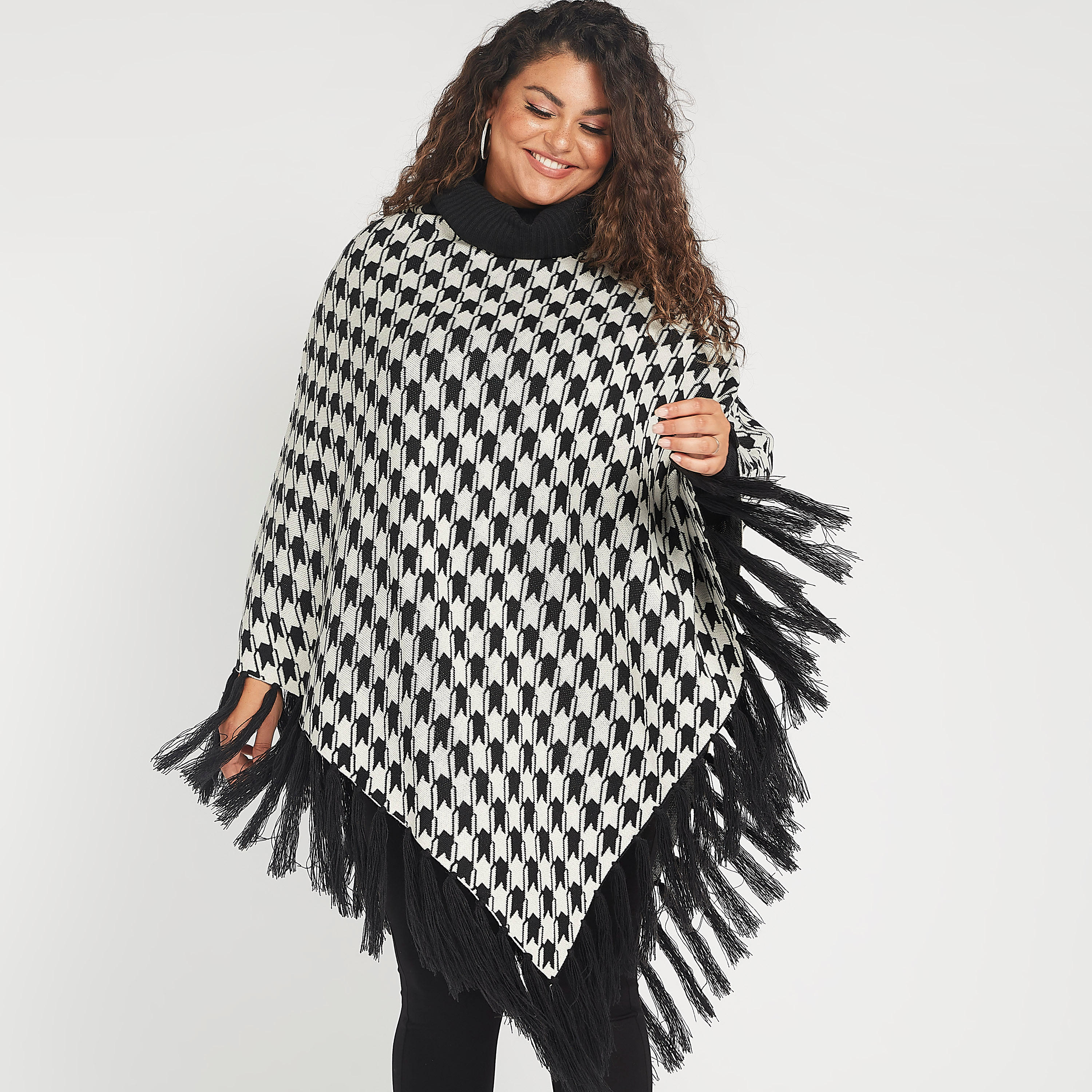 Houndstooth Jacquard Poncho with Tassels and High Neck-women-winterwear-cardigansandjumpers-cardigans-image-7