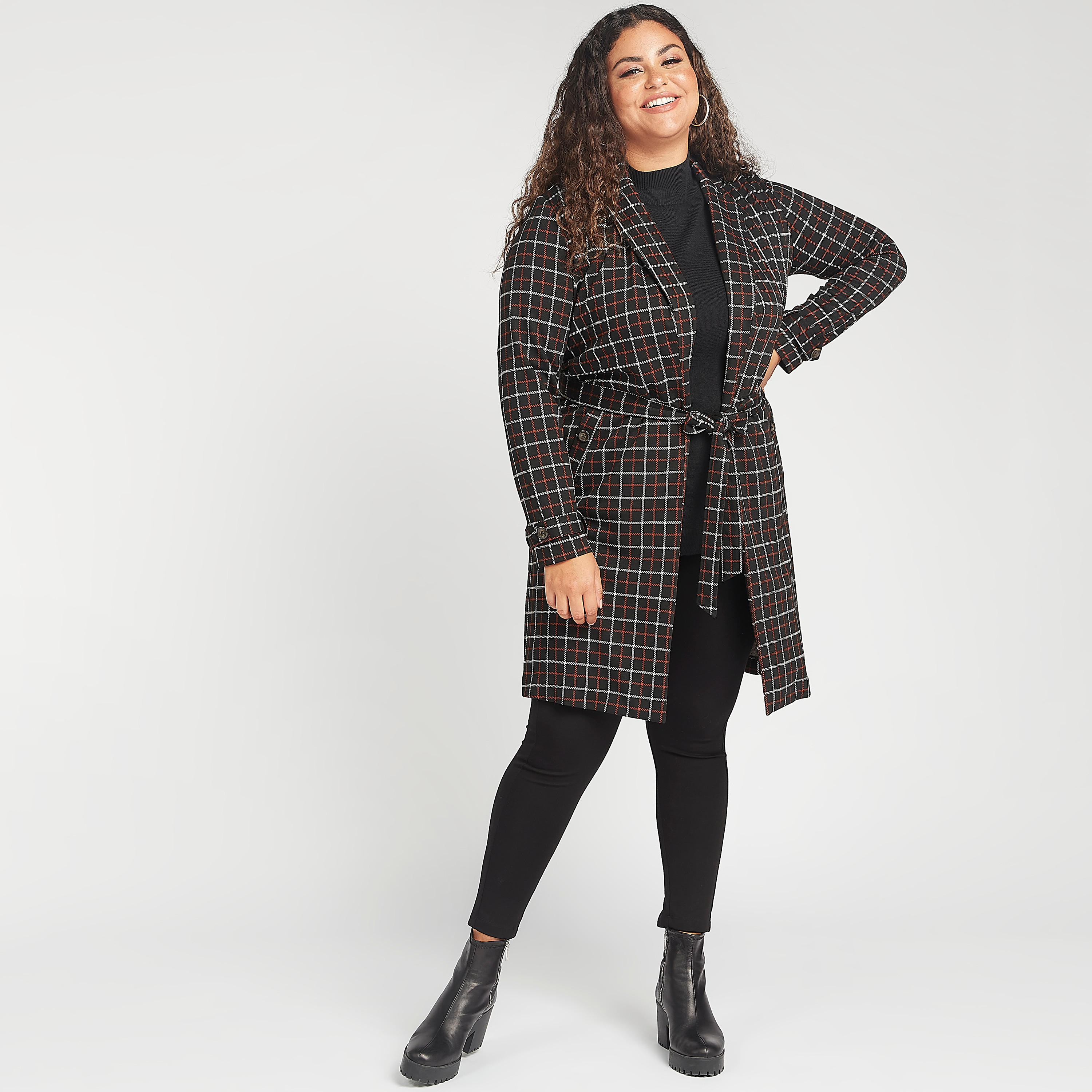 Checked Lightweight Coat with Notch Lapel and Pockets-women-clothing-coatsandjackets-coats-image-1