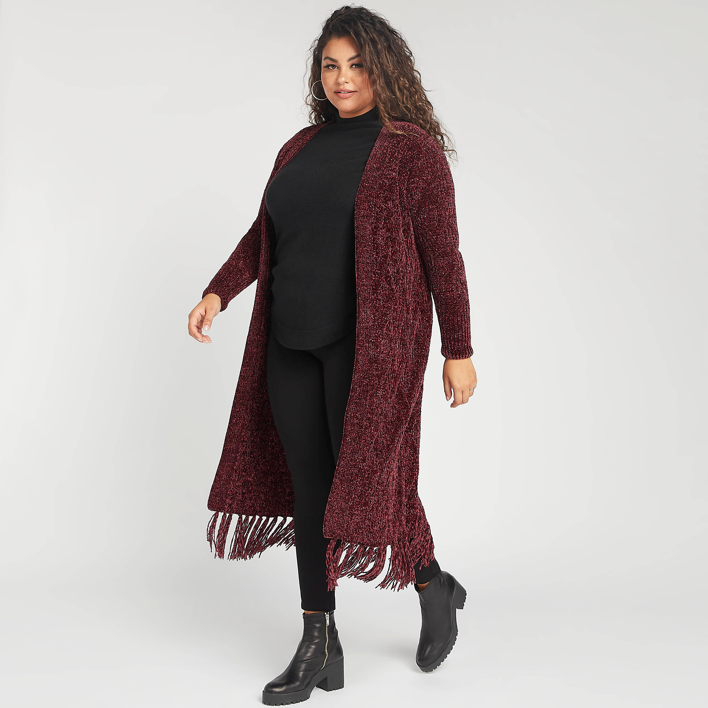 سترة طويلة بارزة الملمس بياقة منسدلة وشراشيب-women-winterwear-cardigansandjumpers-cardigans-image-1