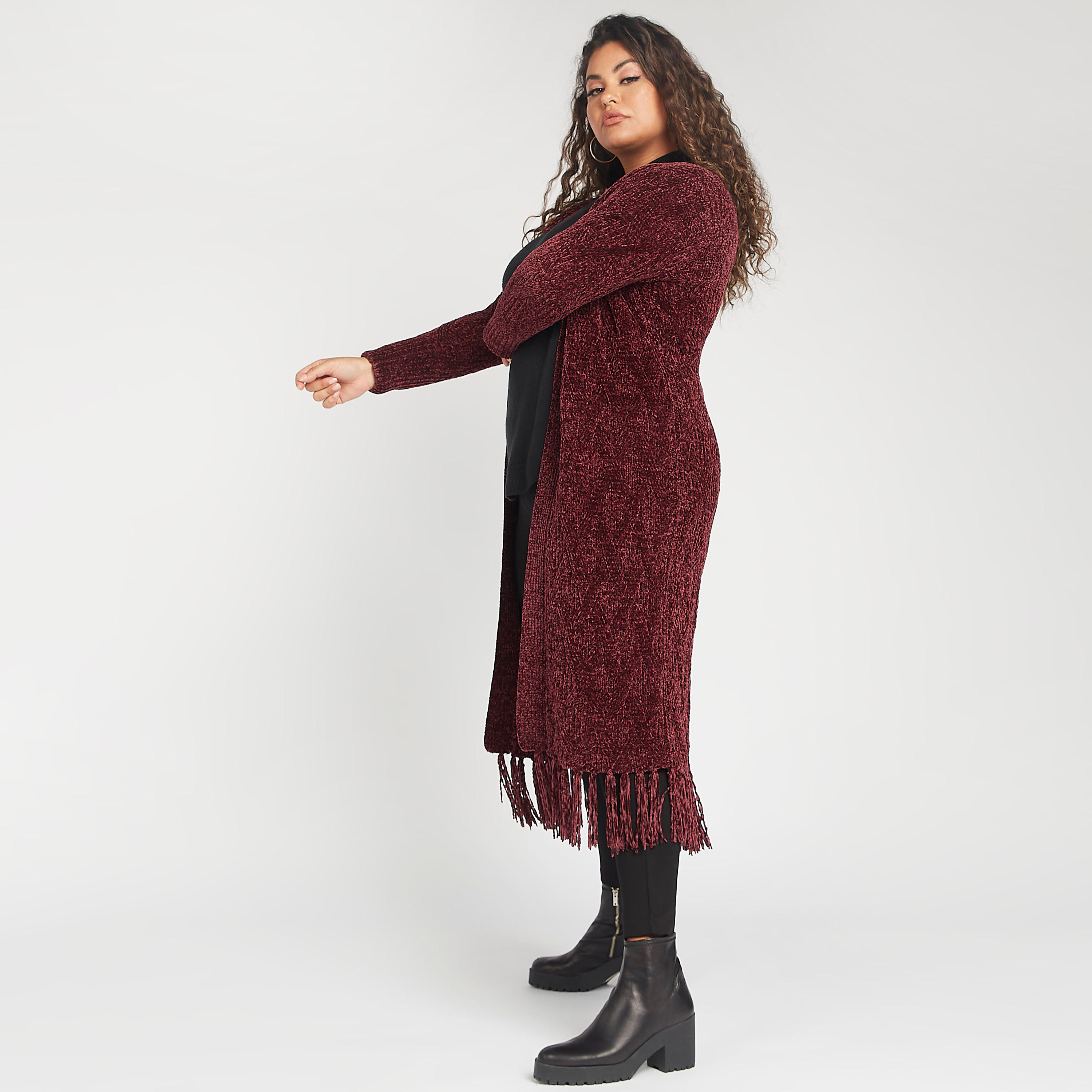سترة طويلة بارزة الملمس بياقة منسدلة وشراشيب-women-winterwear-cardigansandjumpers-cardigans-image-3