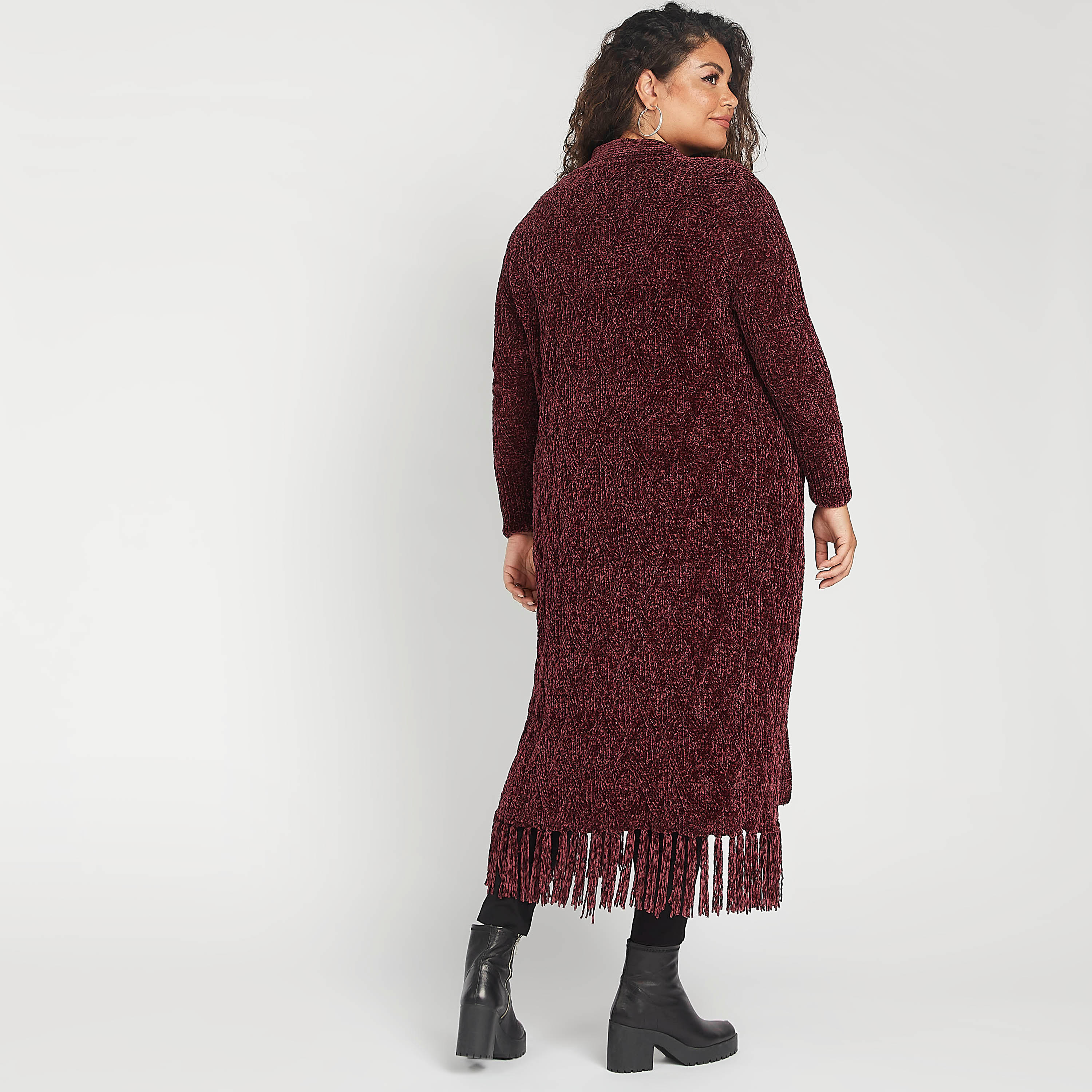 سترة طويلة بارزة الملمس بياقة منسدلة وشراشيب-women-winterwear-cardigansandjumpers-cardigans-image-4