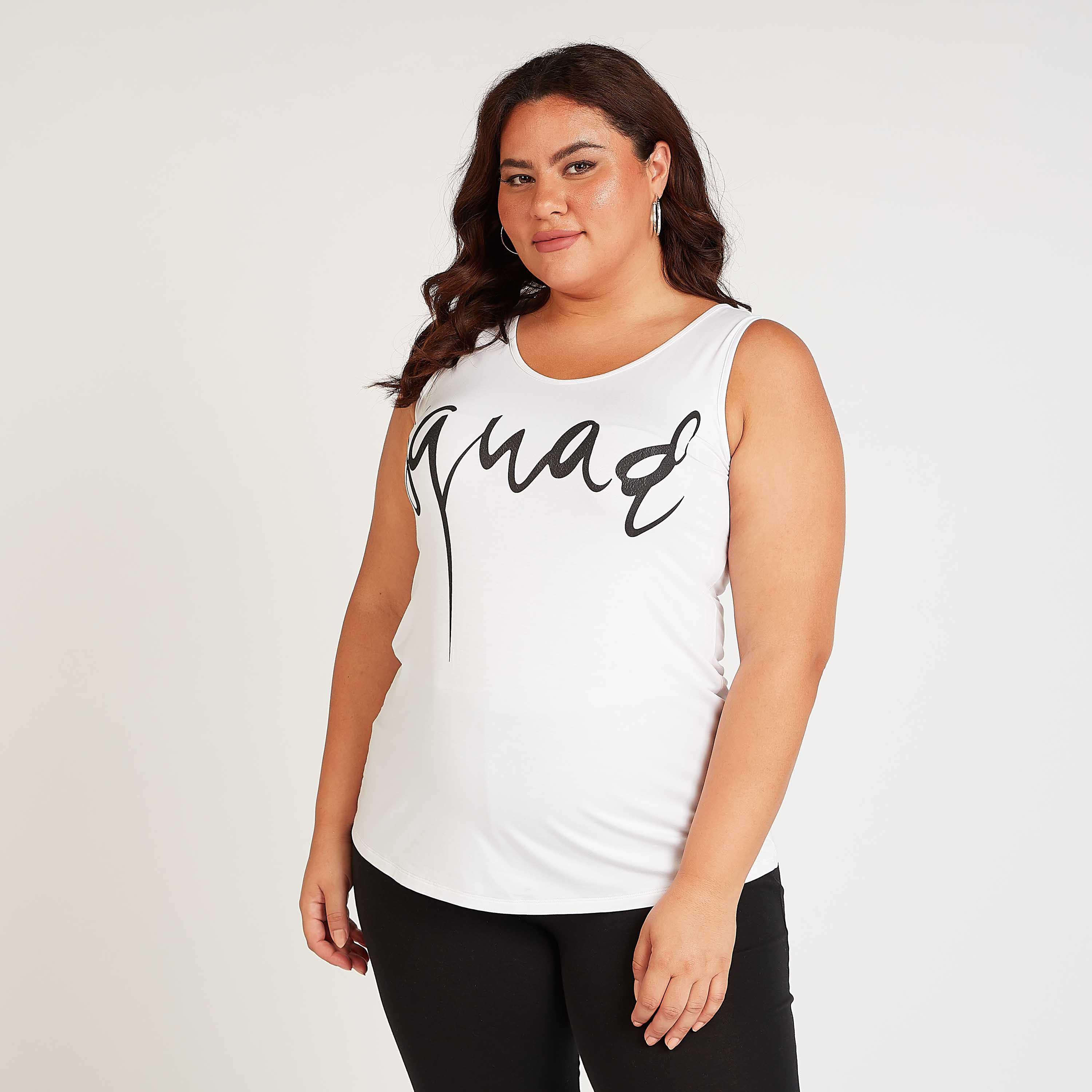 Sustainable Typographic Print Sleeveless Top with Scoop Neck-women-clothing-tshirts-image-1