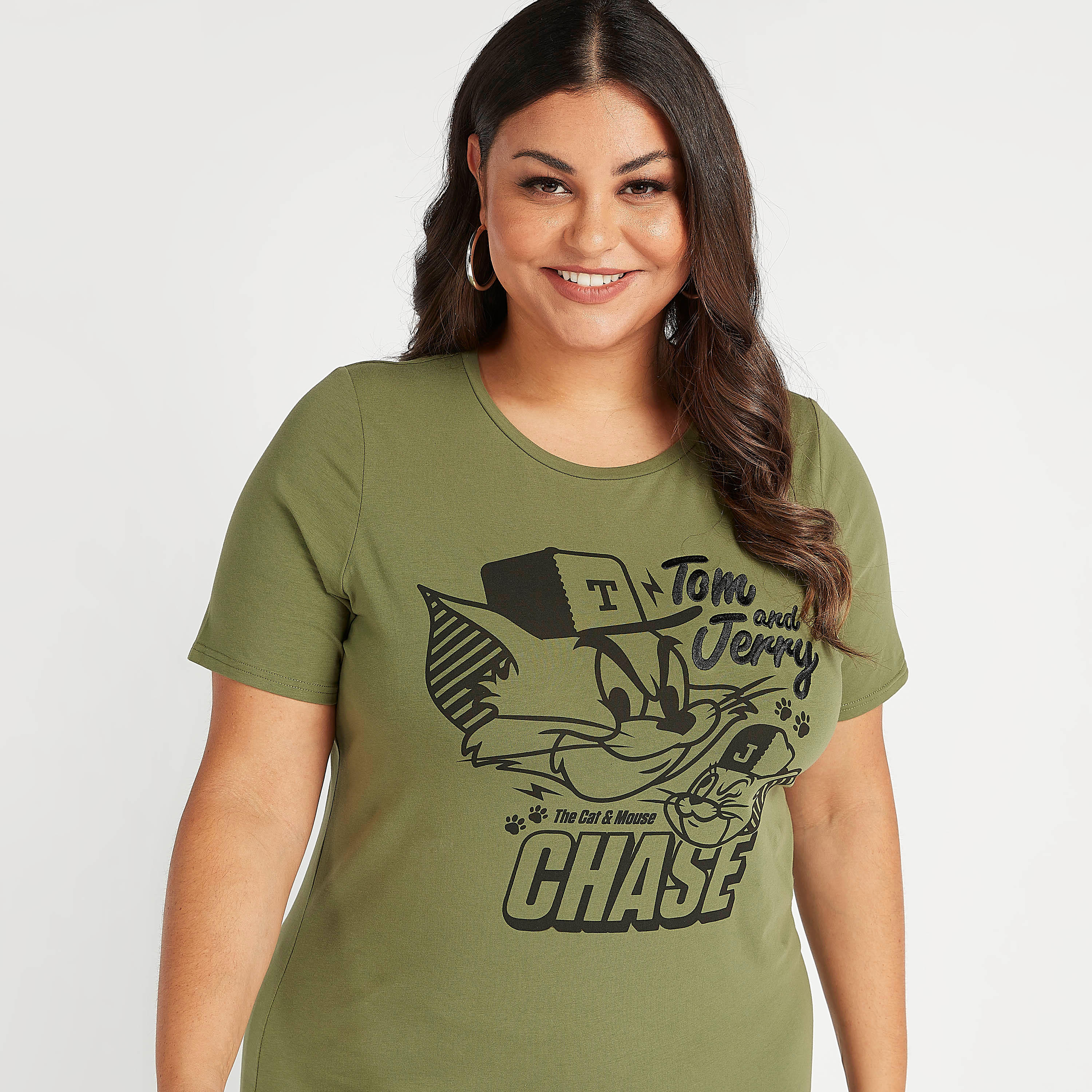 Tom and Jerry Print Crew Neck T-shirt with Short Sleeves-women-clothing-tshirts-image-1