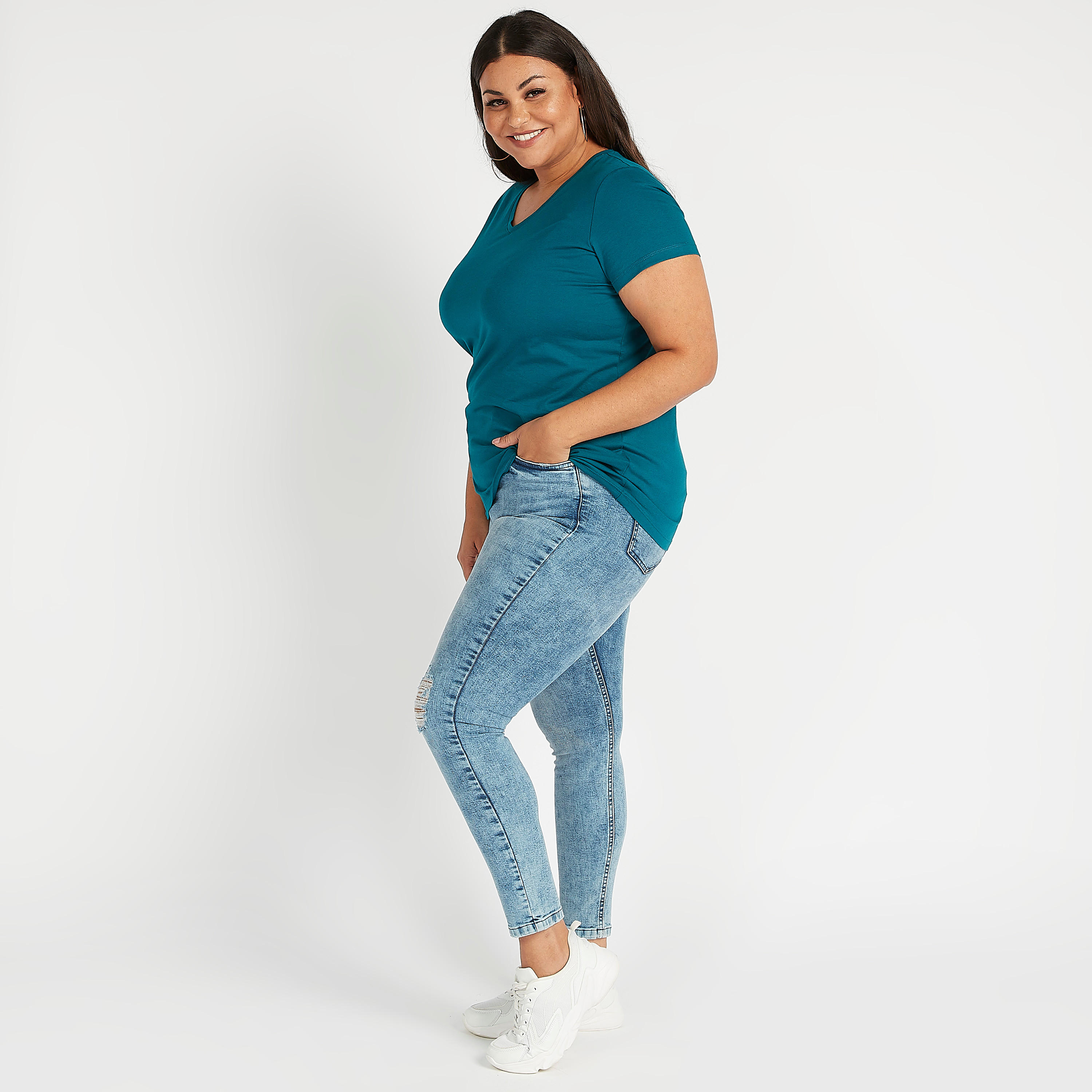 تيشيرت سادة بياقة V وأكمام قصيرة-women-clothing-tshirts-image-2