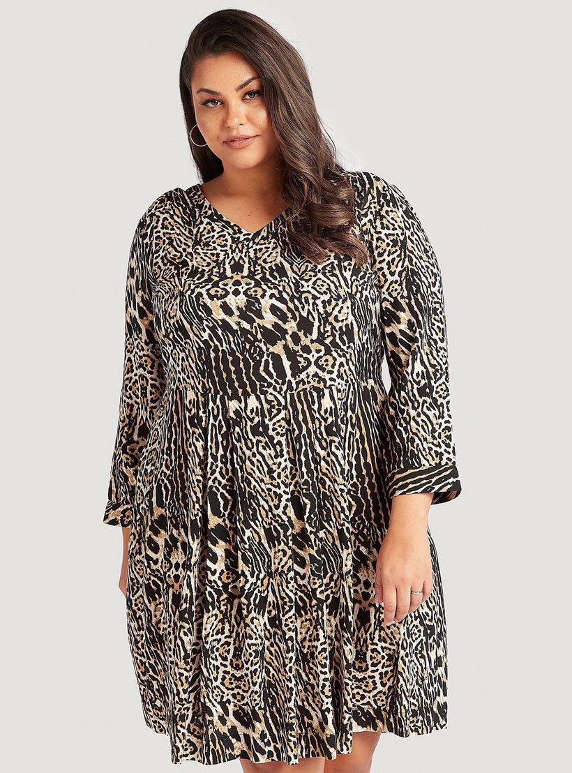 فستان ميدي إيه لاين بطبعات حيوانات وأكمام طويلة-women-clothing-dresses-image-1