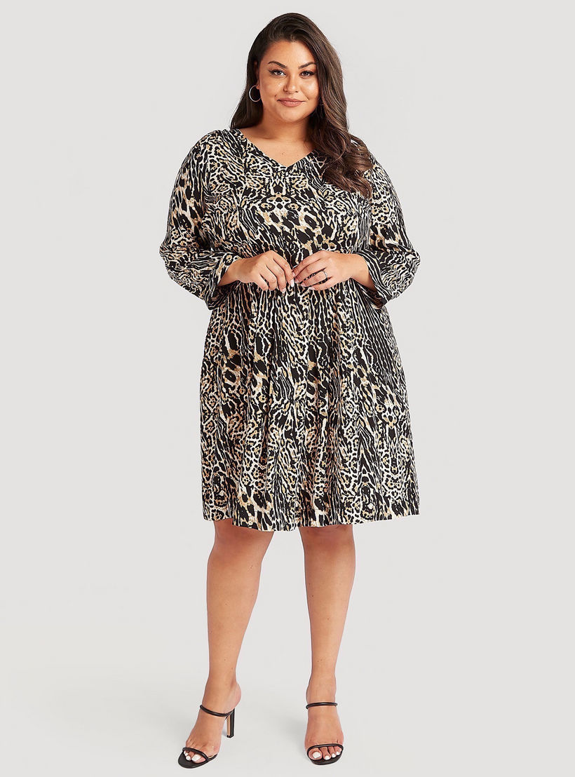 فستان ميدي إيه لاين بطبعات حيوانات وأكمام طويلة-women-clothing-dresses-image-2