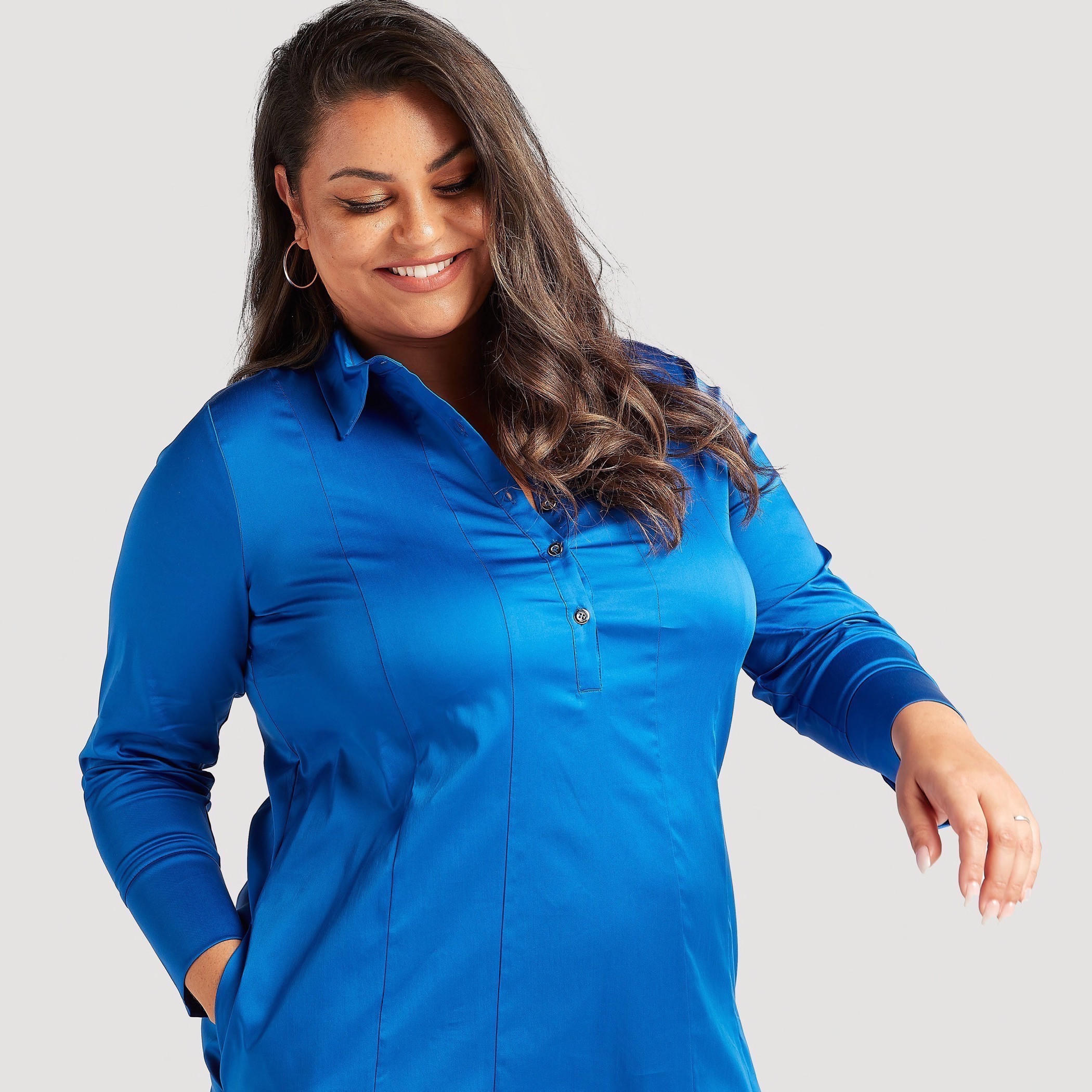 فستان قميص ميدي سادة بأكمام طويلة وجيوب-women-clothing-dresses-image-3