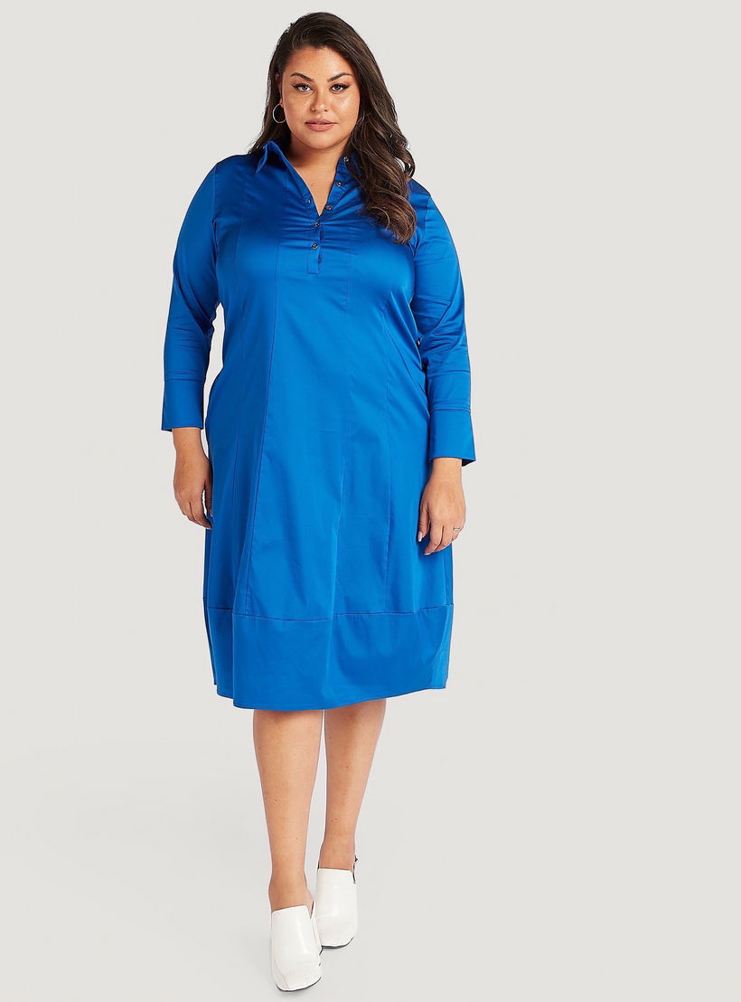 فستان قميص ميدي سادة بأكمام طويلة وجيوب-women-clothing-dresses-image-1