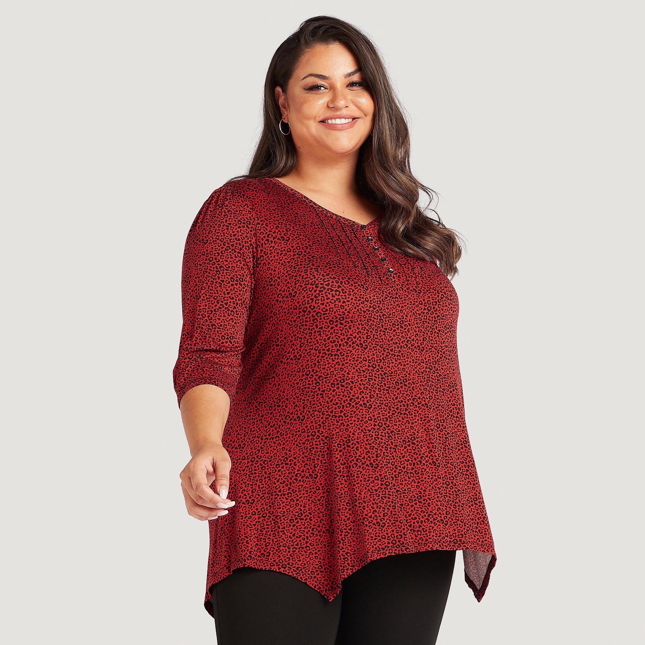 بلوزة بياقة v وطبعات حيوانات وأكمام 3/4 وأطراف غير مستوية-women-clothing-shirtsandblouses-blouses-image-1