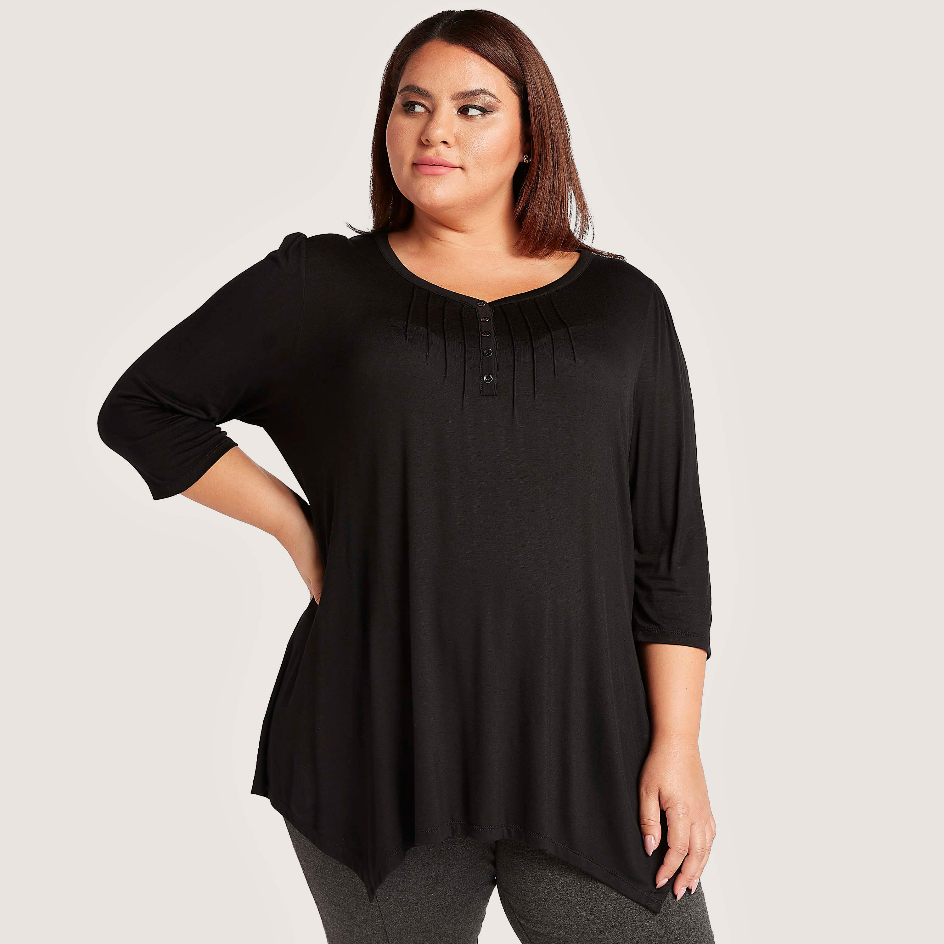 بلوزة سادة بياقة v وأكمام 3/4 وأطراف بطول غير مستوي-women-clothing-shirtsandblouses-blouses-image-5