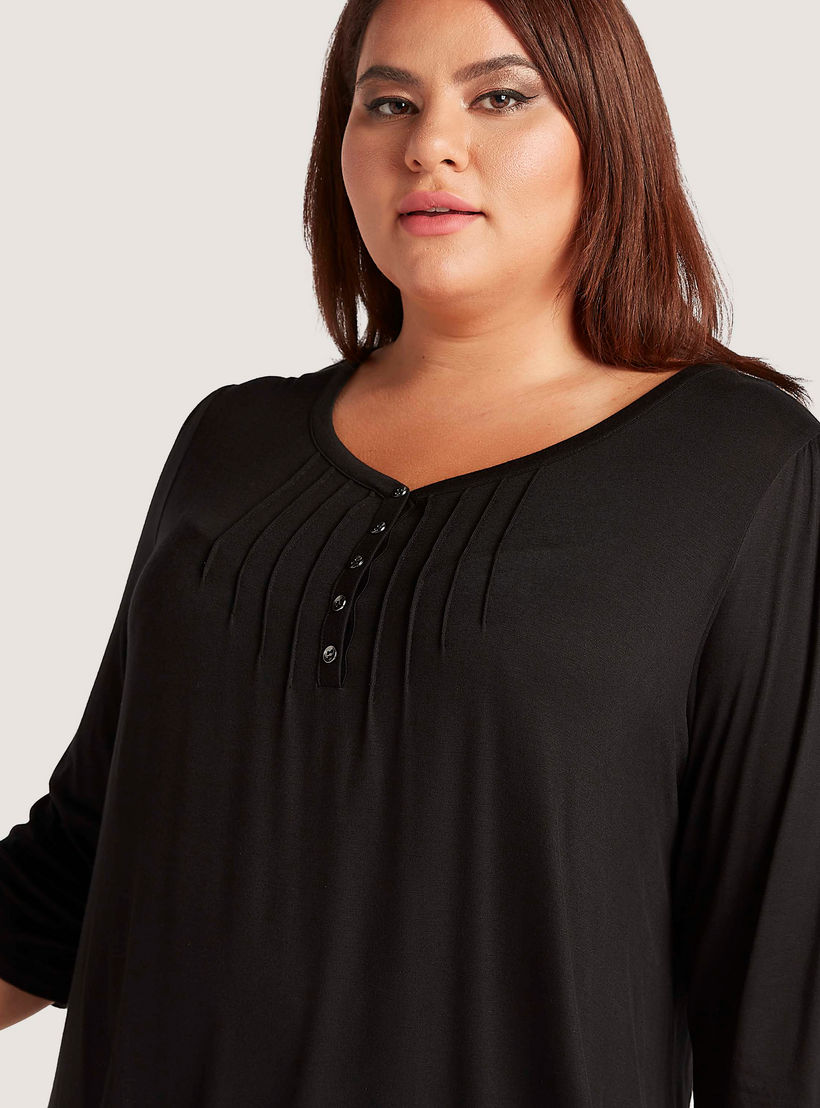 بلوزة سادة بياقة v وأكمام 3/4 وأطراف بطول غير مستوي-women-clothing-shirtsandblouses-blouses-image-3