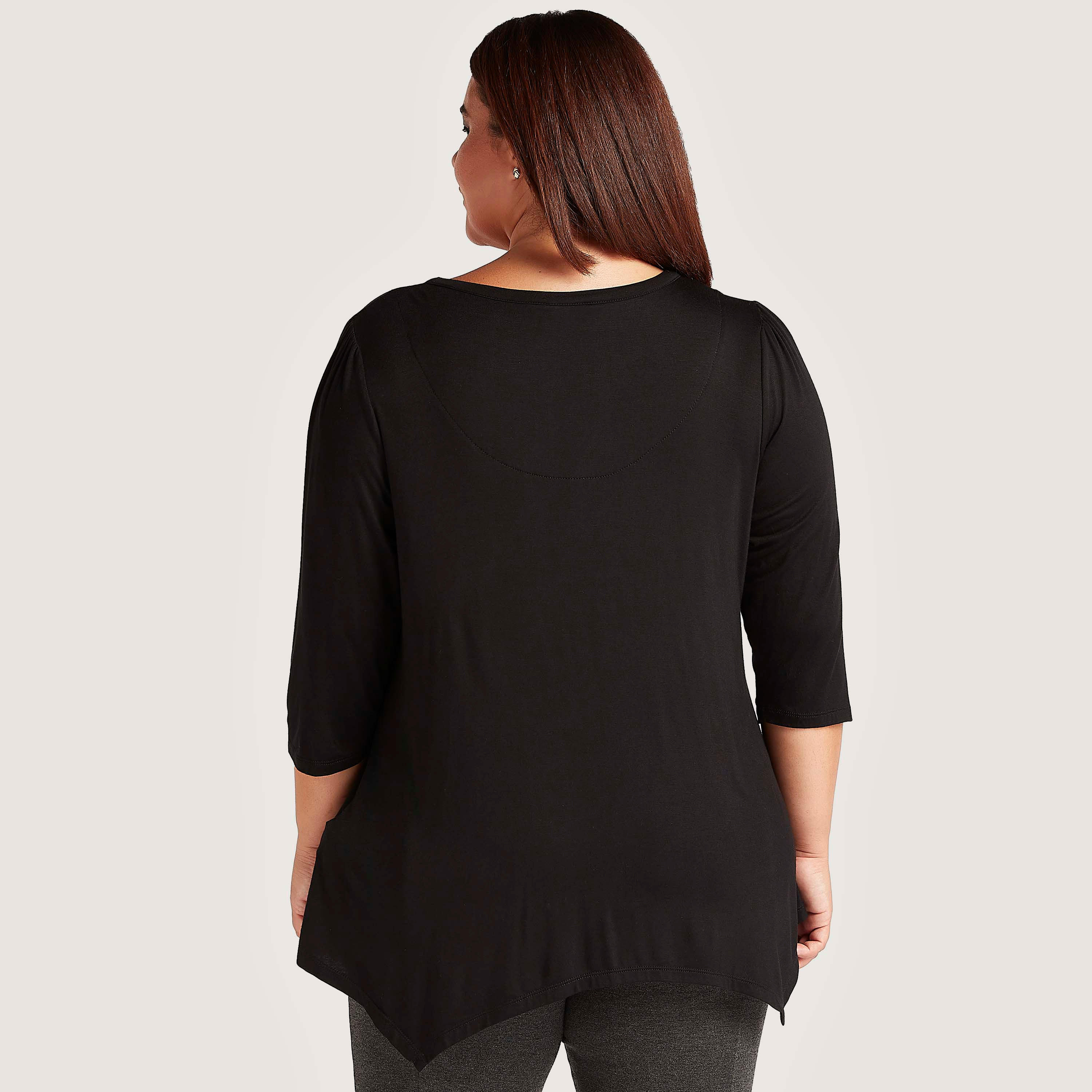 بلوزة سادة بياقة v وأكمام 3/4 وأطراف بطول غير مستوي-women-clothing-shirtsandblouses-blouses-image-2