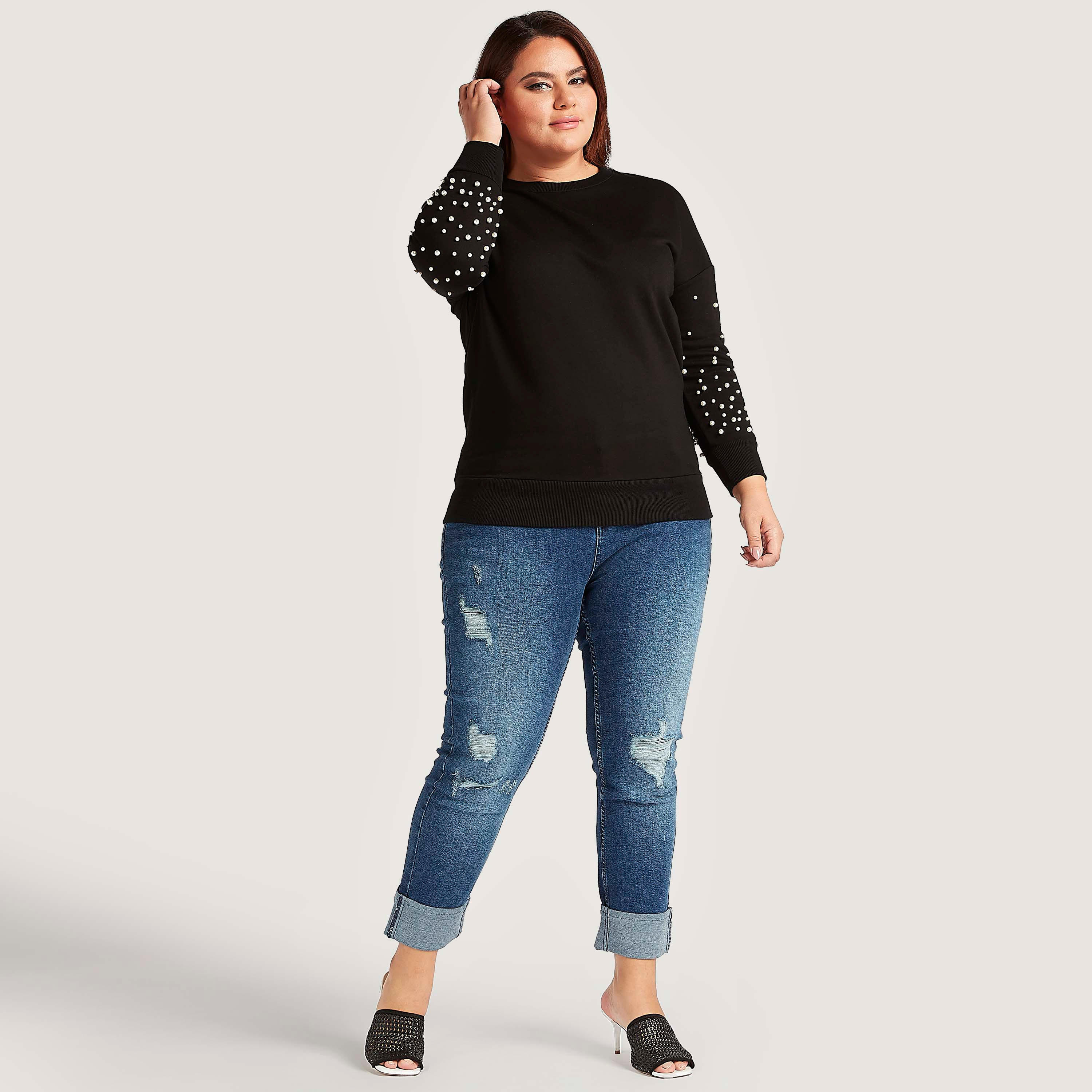 سويت شيرت مزيّن بياقة ضيّقة وأكمام طويلة-women-winterwear-hoodiesandsweatshirts-sweatshirts-image-2