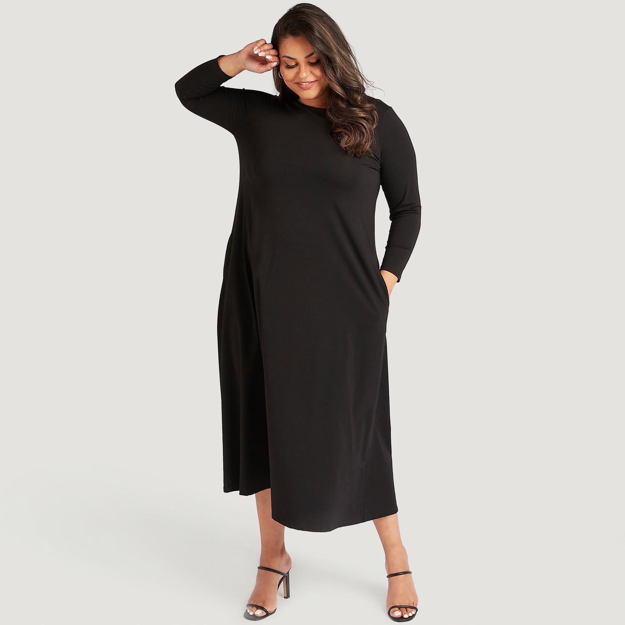 فستان إيه لاين سادة طويل بأكمام طويلة وياقة مستديرة-women-clothing-dresses-image-1