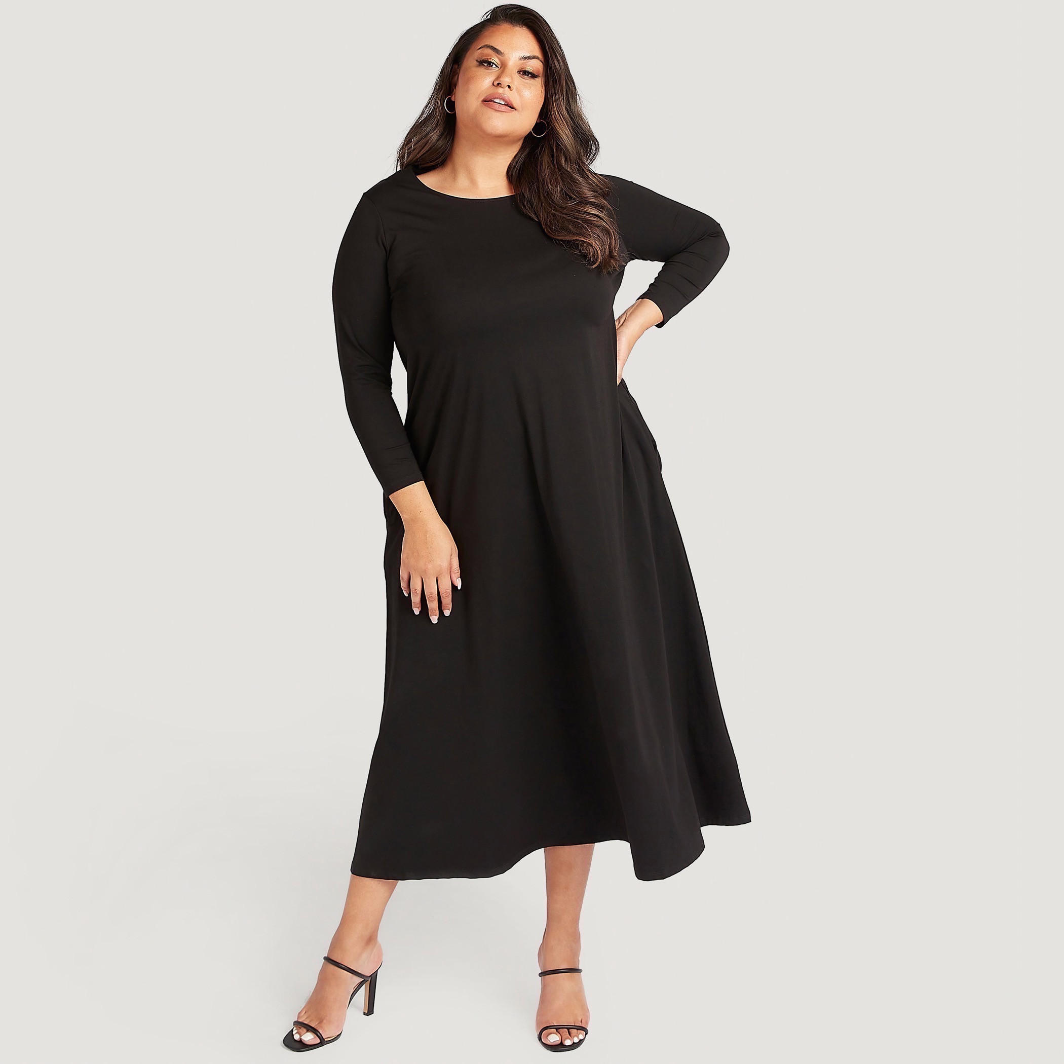 فستان إيه لاين سادة طويل بأكمام طويلة وياقة مستديرة-women-clothing-dresses-image-2