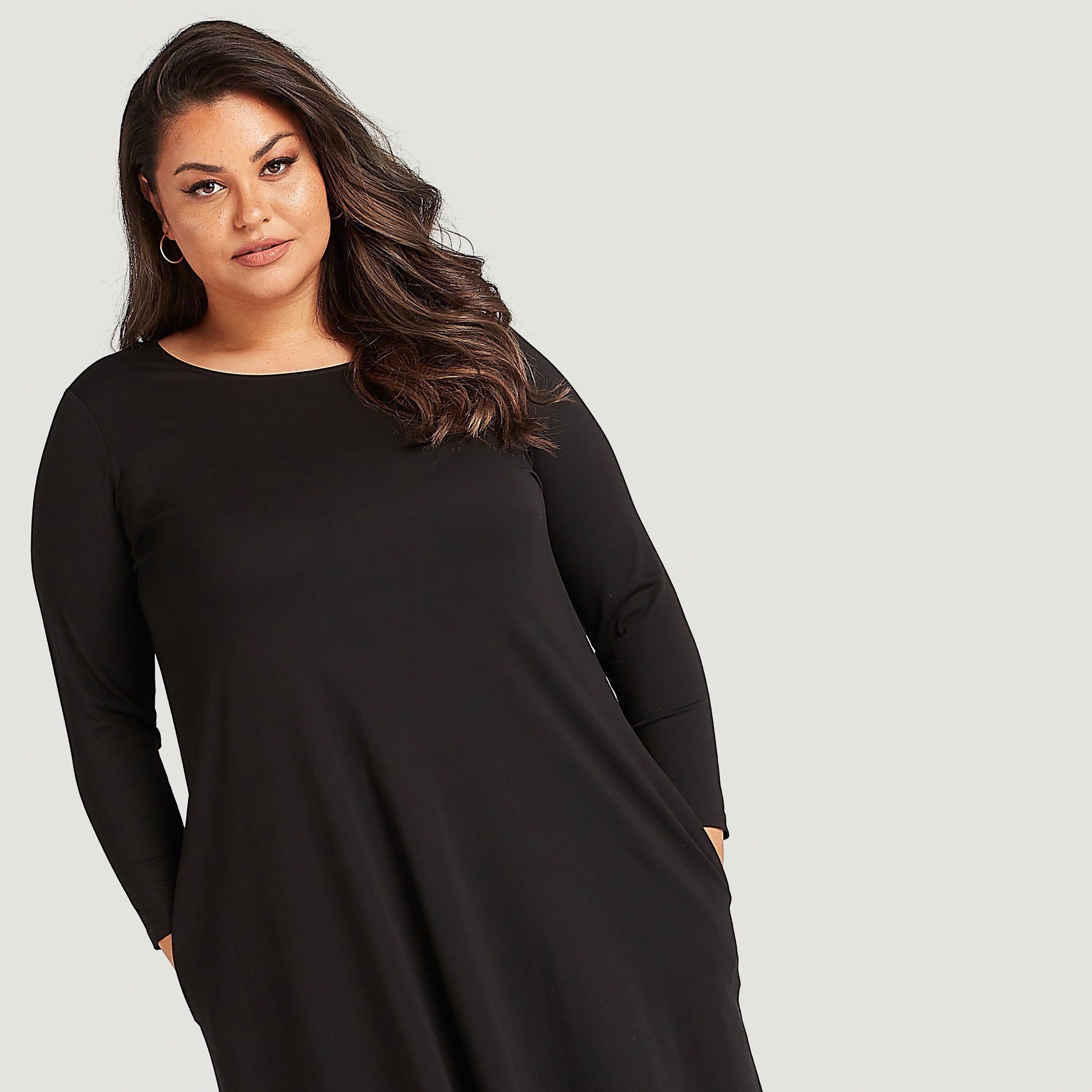 فستان إيه لاين سادة طويل بأكمام طويلة وياقة مستديرة-women-clothing-dresses-image-3