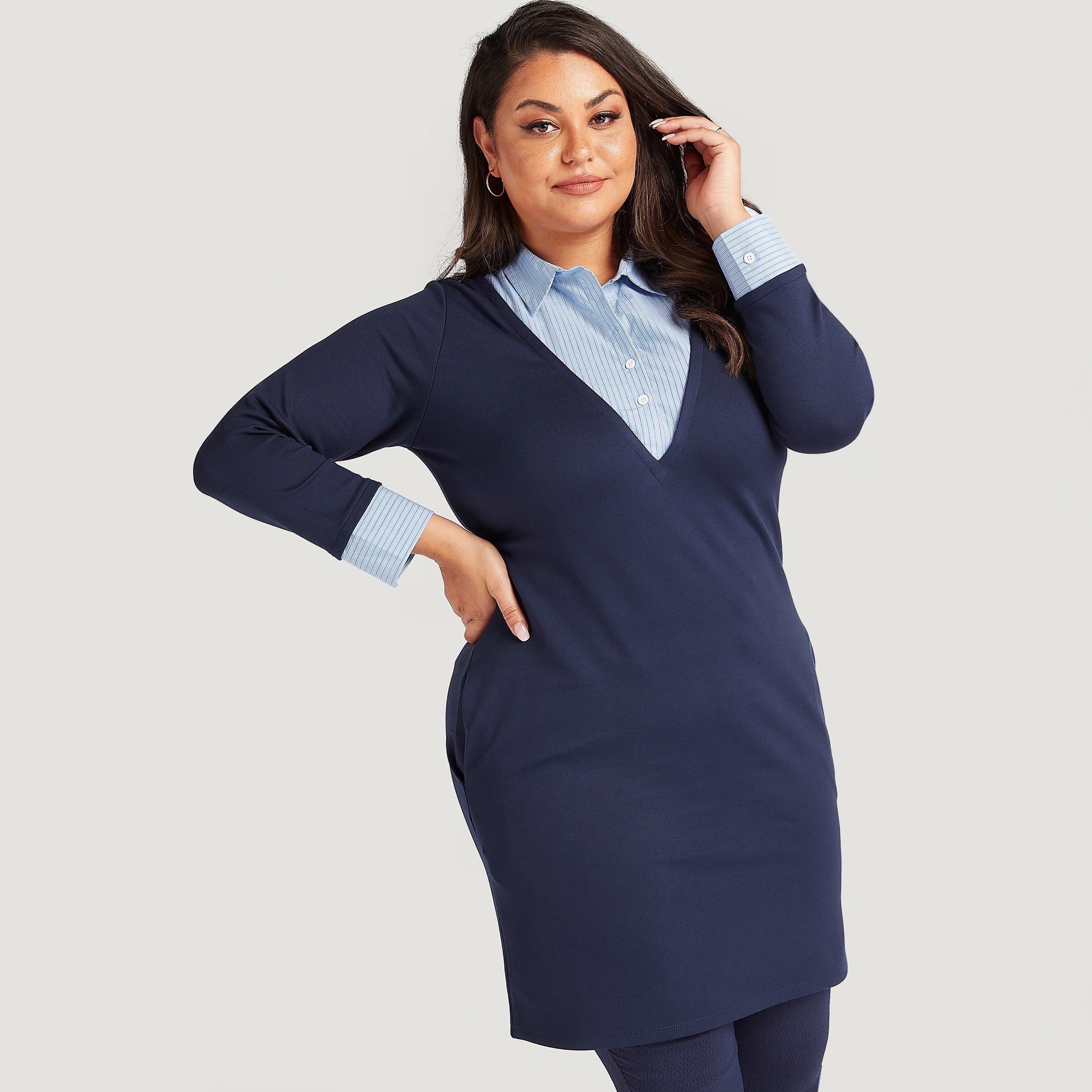 قميص تونيك مخطّط بجيوب وأكمام طويلة-women-clothing-shirtsandblouses-blouses-image-1