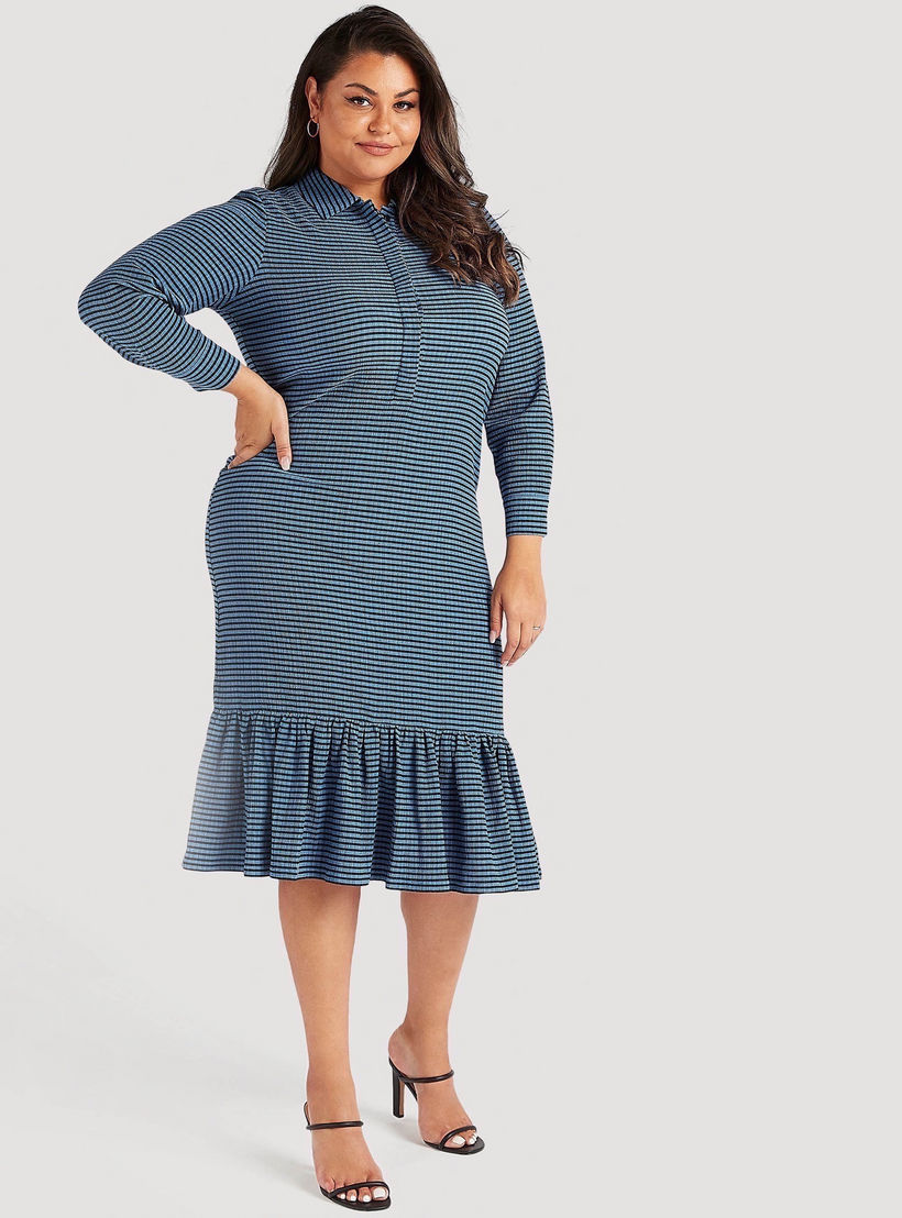 فستان ميدي مخطّط بارز الملمس بأطراف كشكشة وياقة عادية-women-clothing-dresses-image-4