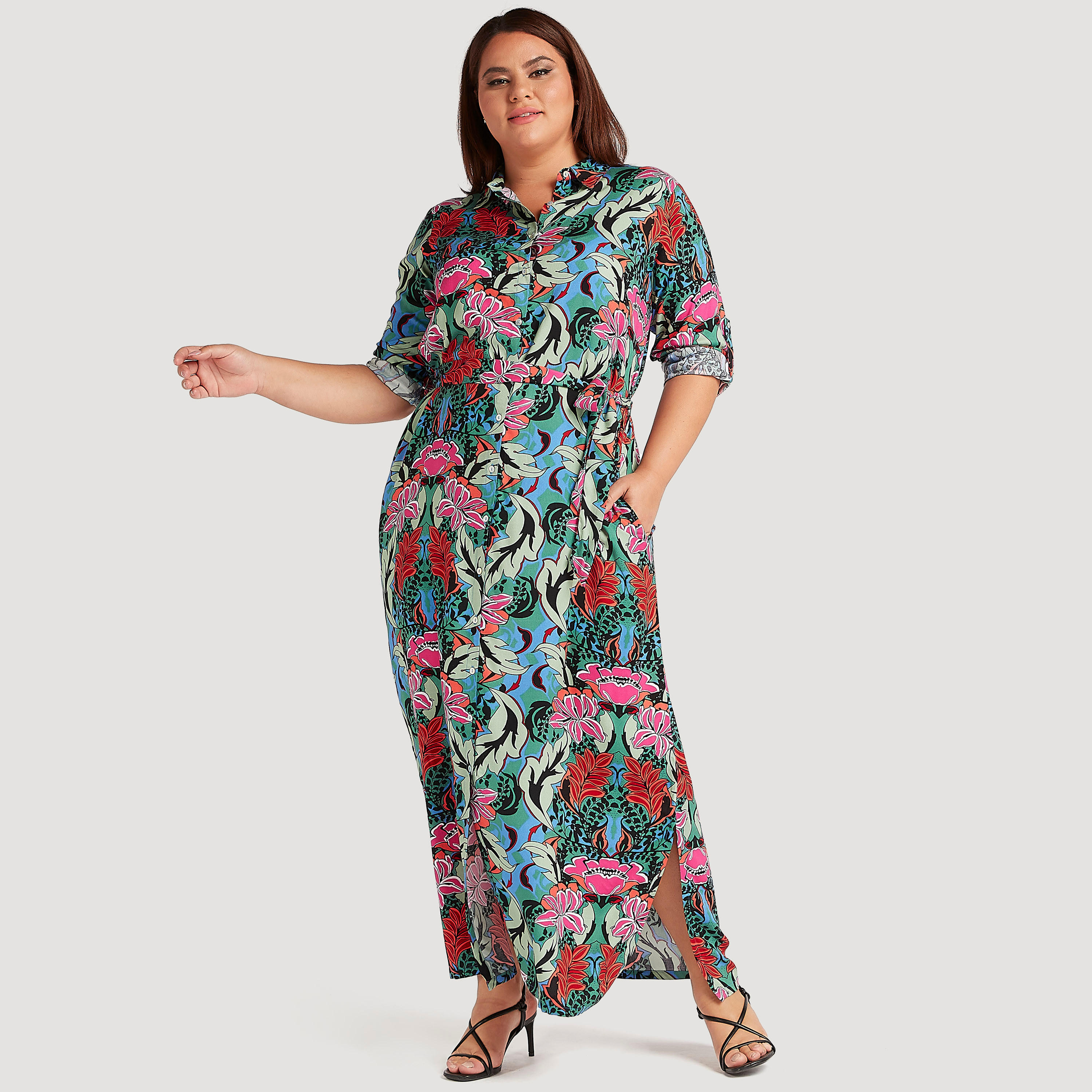 فستان قميص طويل بحزام رباط وطبعات زهرية-women-clothing-dresses-image-1