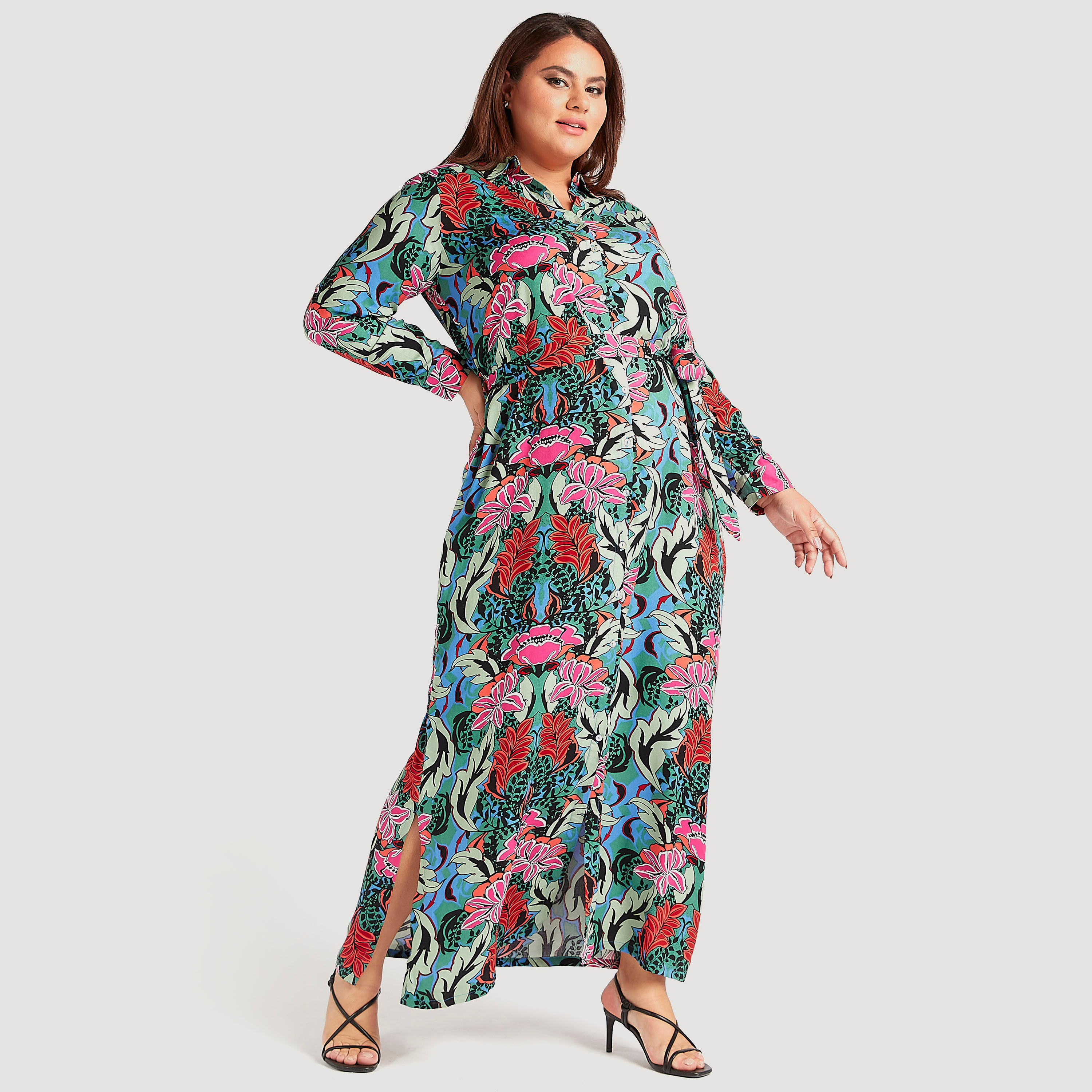 فستان قميص طويل بحزام رباط وطبعات زهرية-women-clothing-dresses-image-2
