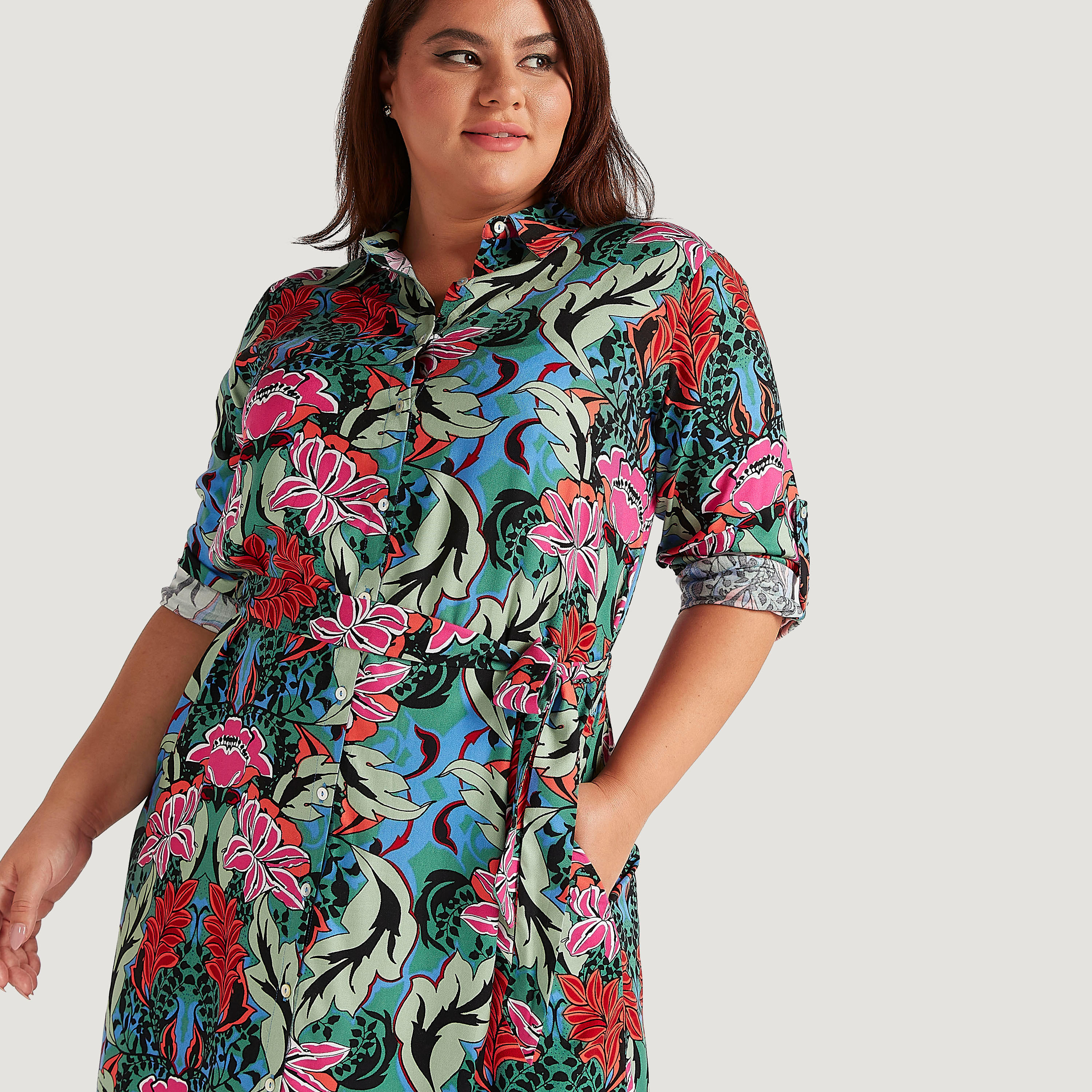 فستان قميص طويل بحزام رباط وطبعات زهرية-women-clothing-dresses-image-3