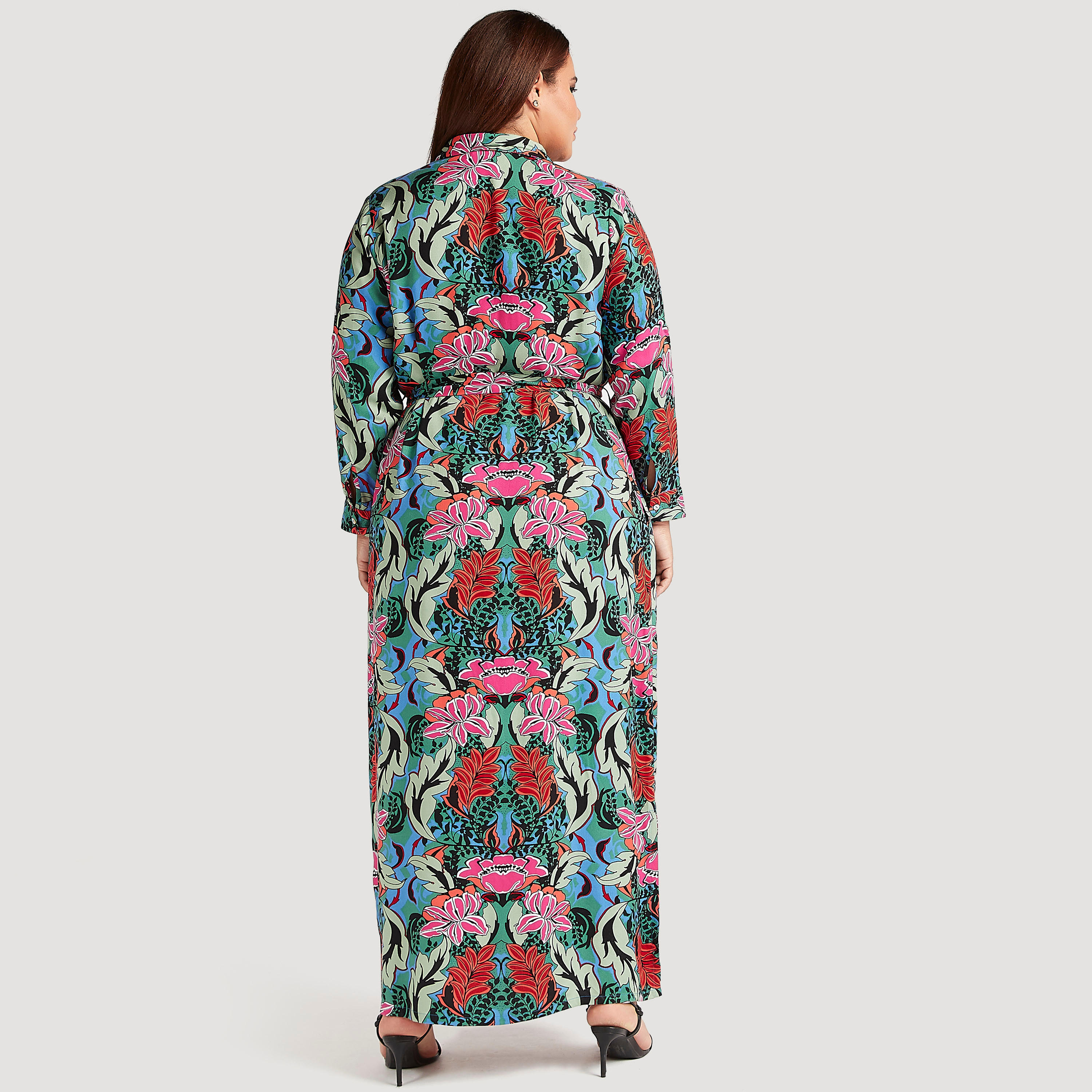 فستان قميص طويل بحزام رباط وطبعات زهرية-women-clothing-dresses-image-4