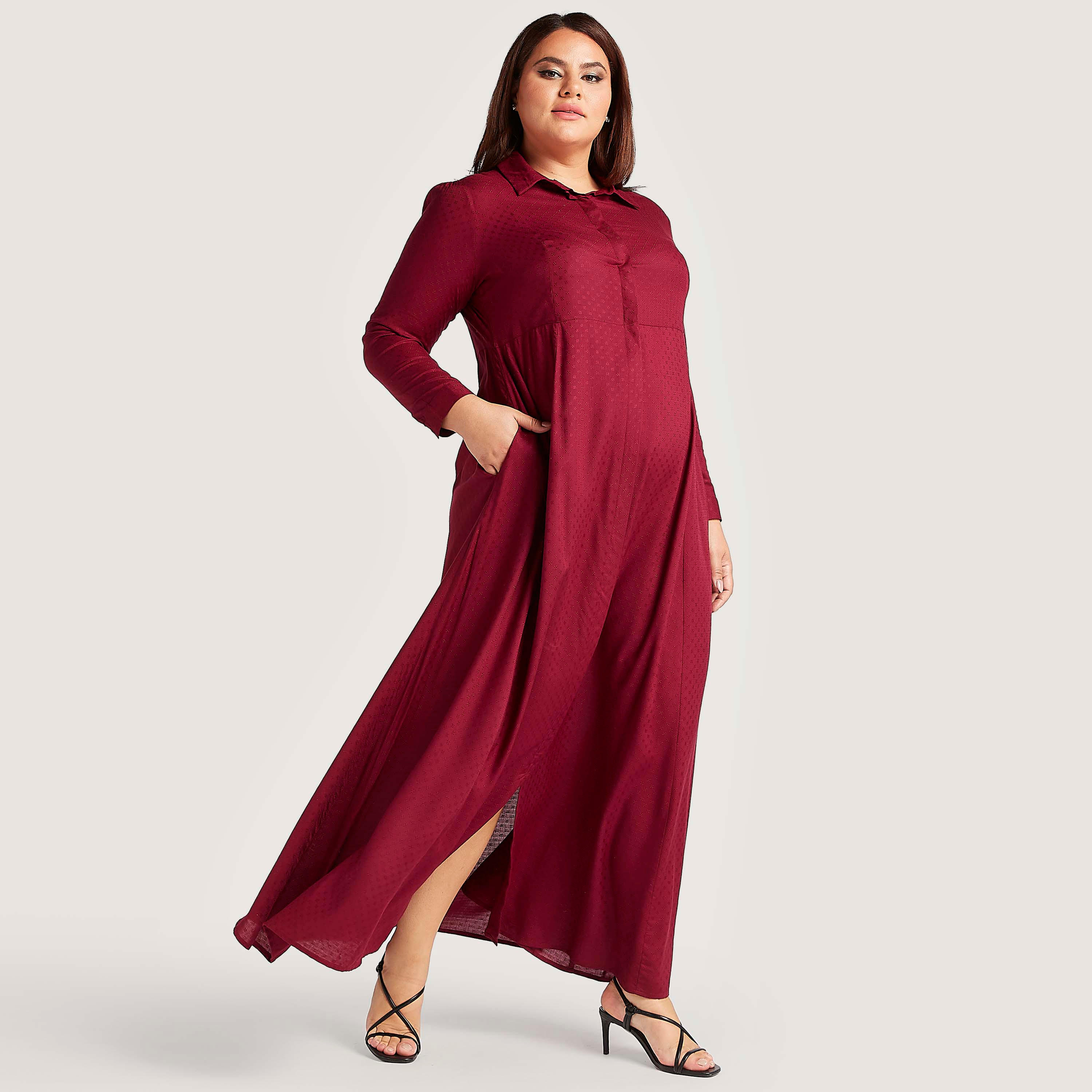 فستان إيه لاين طويل بارز الملمس بجيوب وأكمام طويلة-women-clothing-dresses-image-1