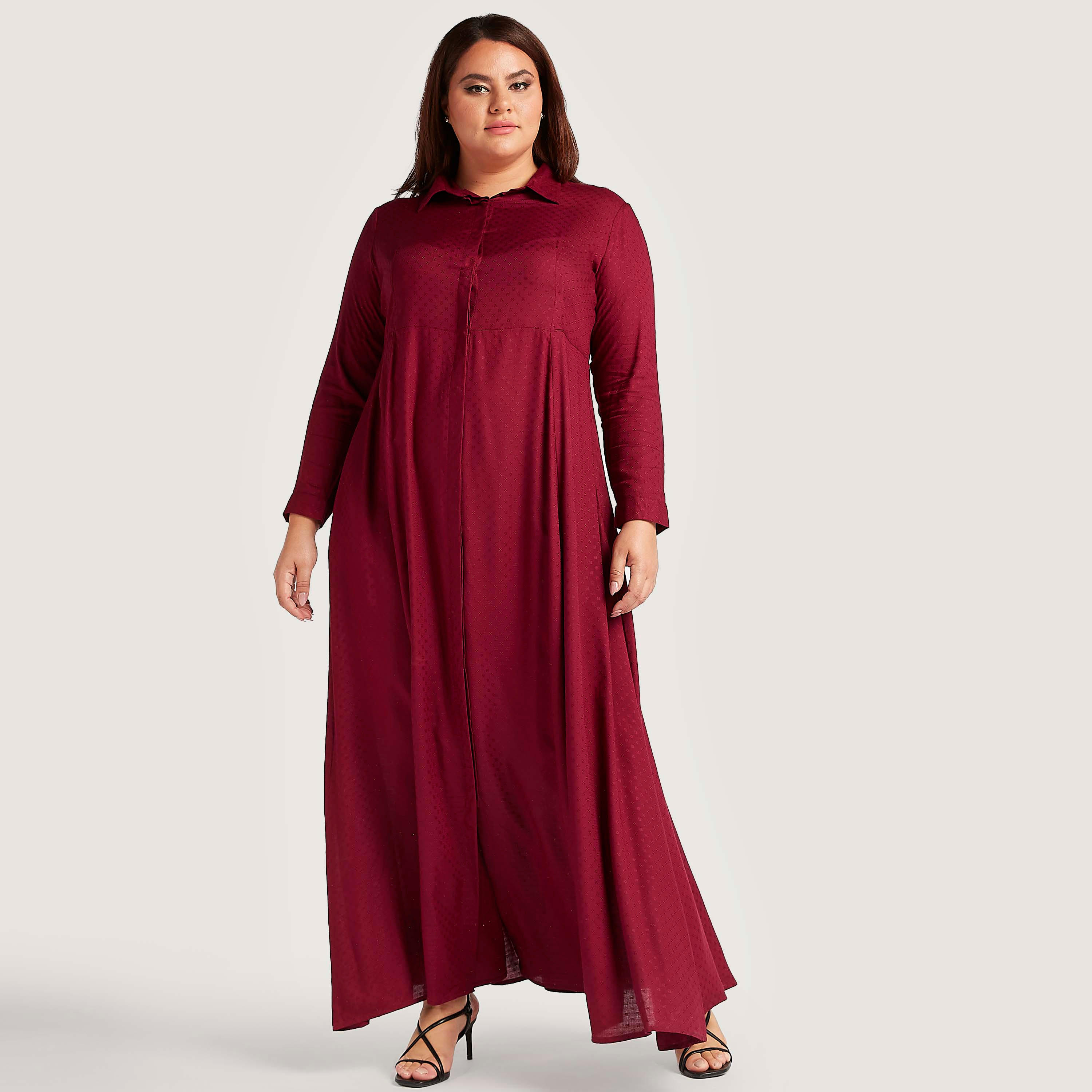 فستان إيه لاين طويل بارز الملمس بجيوب وأكمام طويلة-women-clothing-dresses-image-2