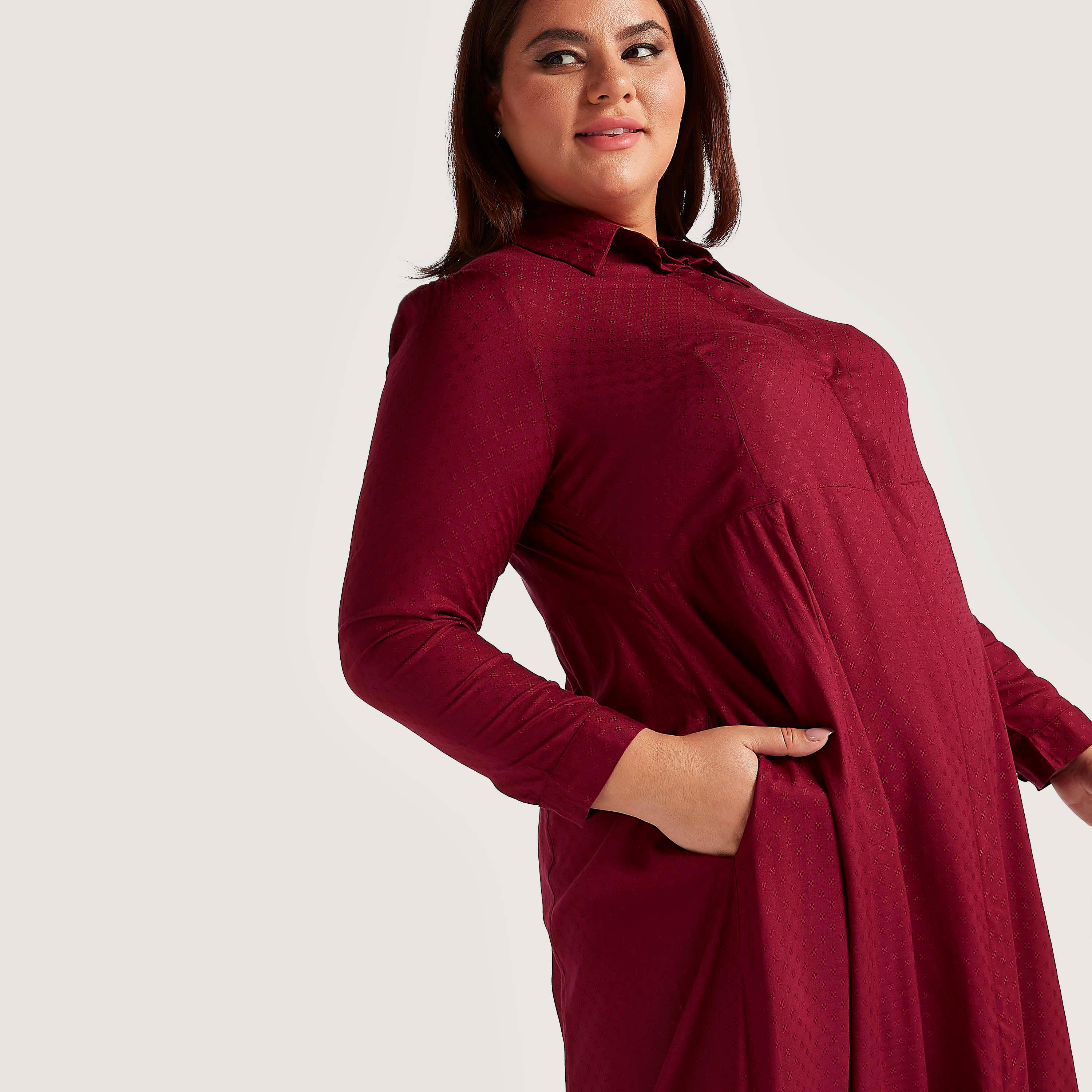 فستان إيه لاين طويل بارز الملمس بجيوب وأكمام طويلة-women-clothing-dresses-image-3