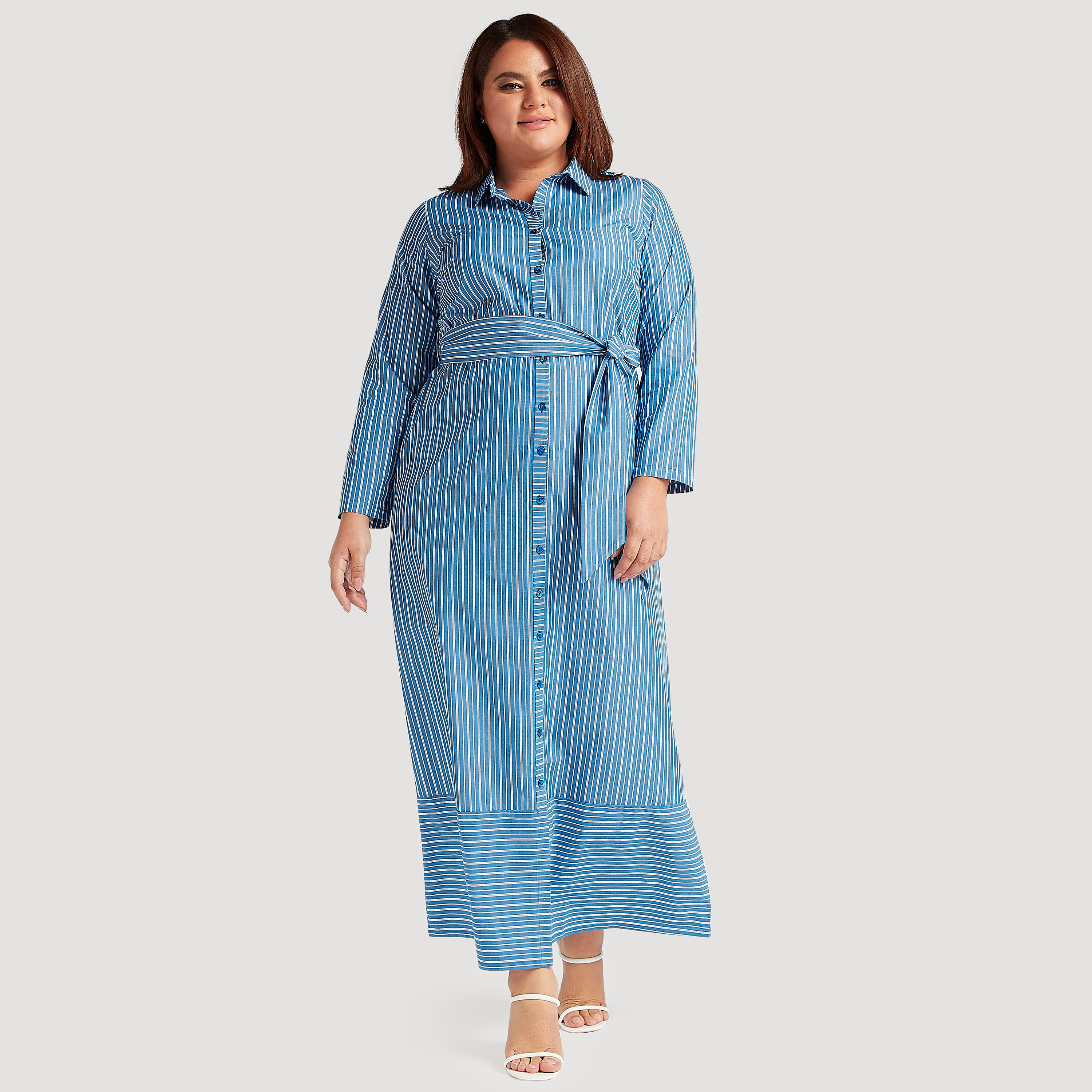 فستان قميص مخطّط بحزام وأكمام طويلة-women-clothing-dresses-image-1