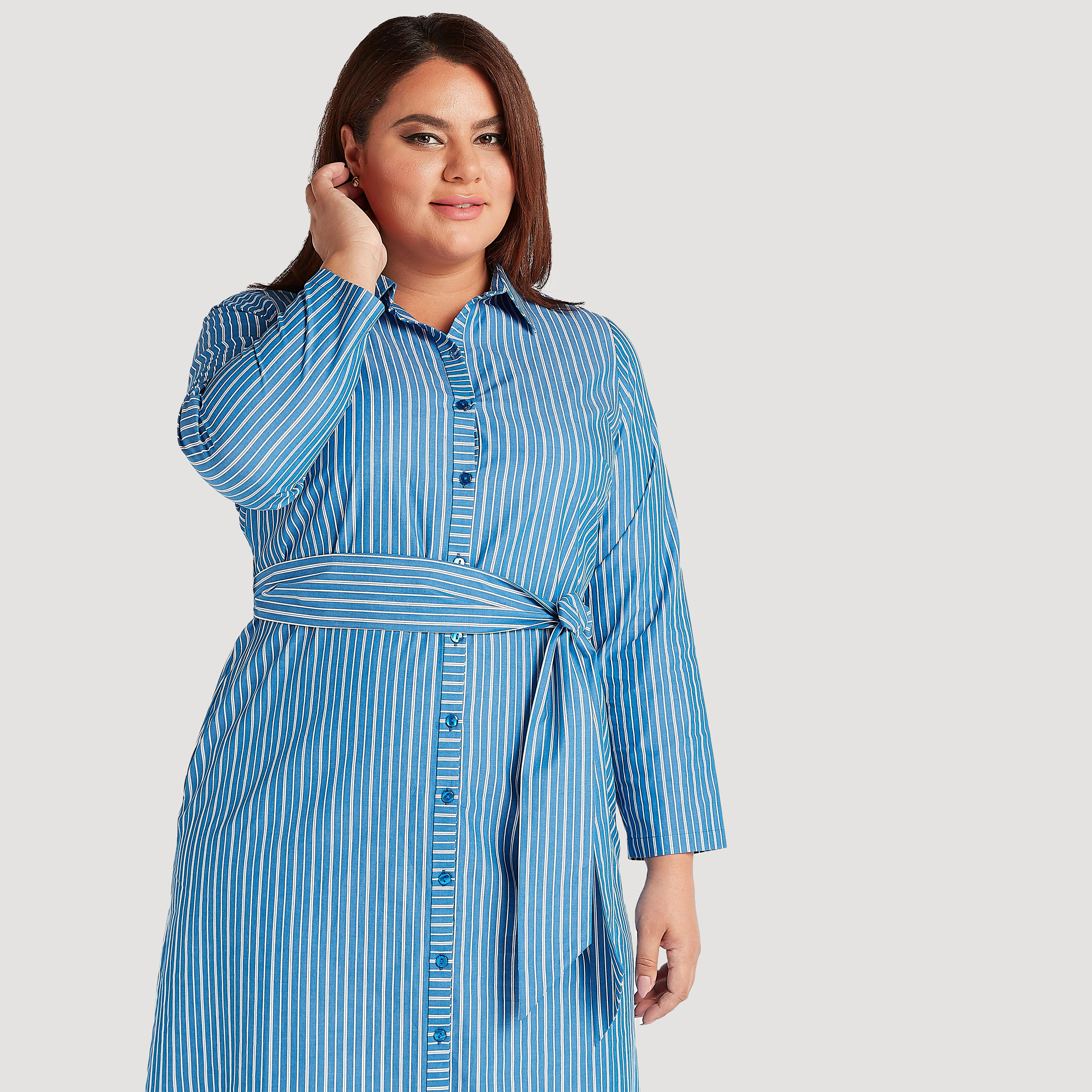 فستان قميص مخطّط بحزام وأكمام طويلة-women-clothing-dresses-image-5