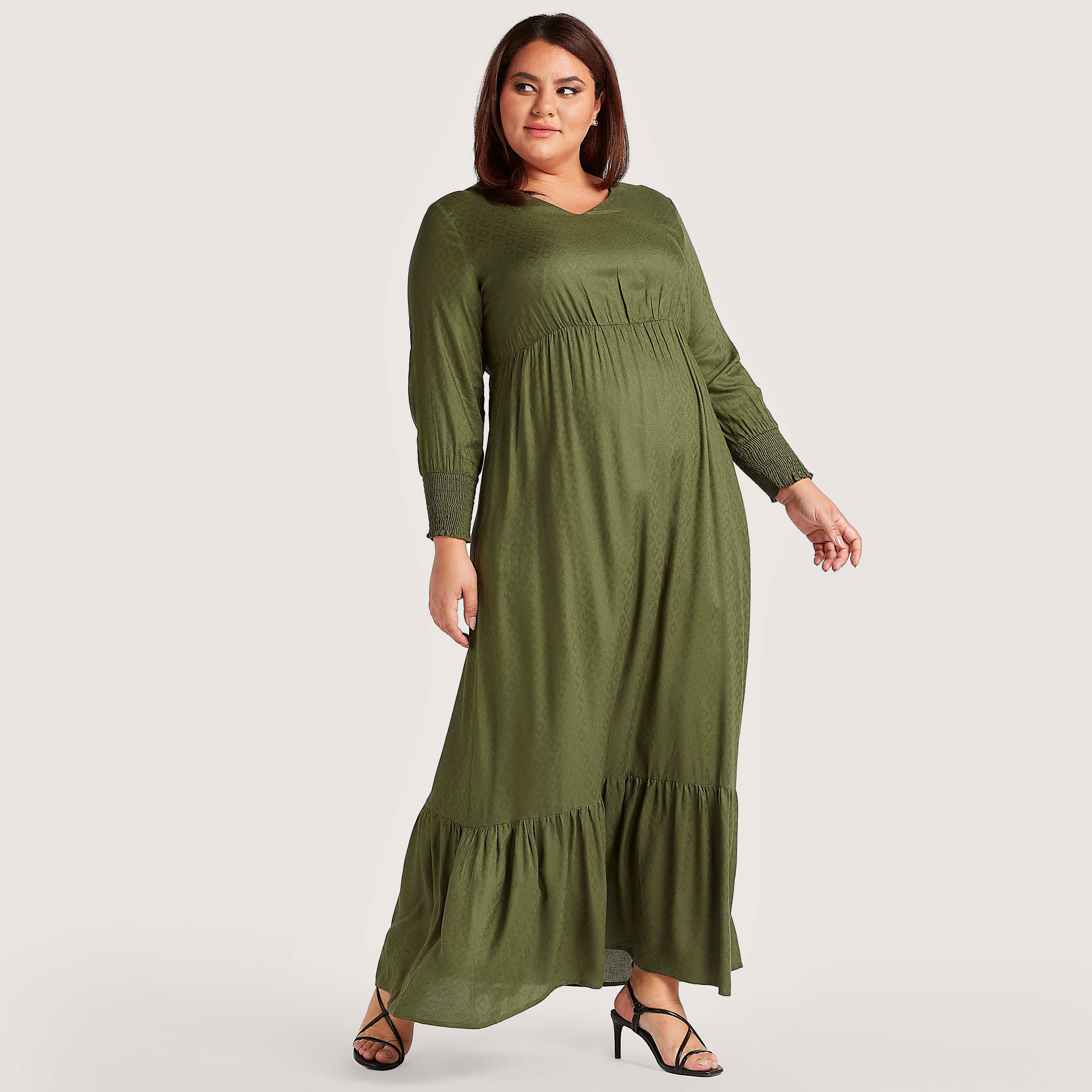 فستان طويل إيه لاين بارز الملمس بجيوب وأكمام بأساور مطرزة-women-clothing-dresses-image-1