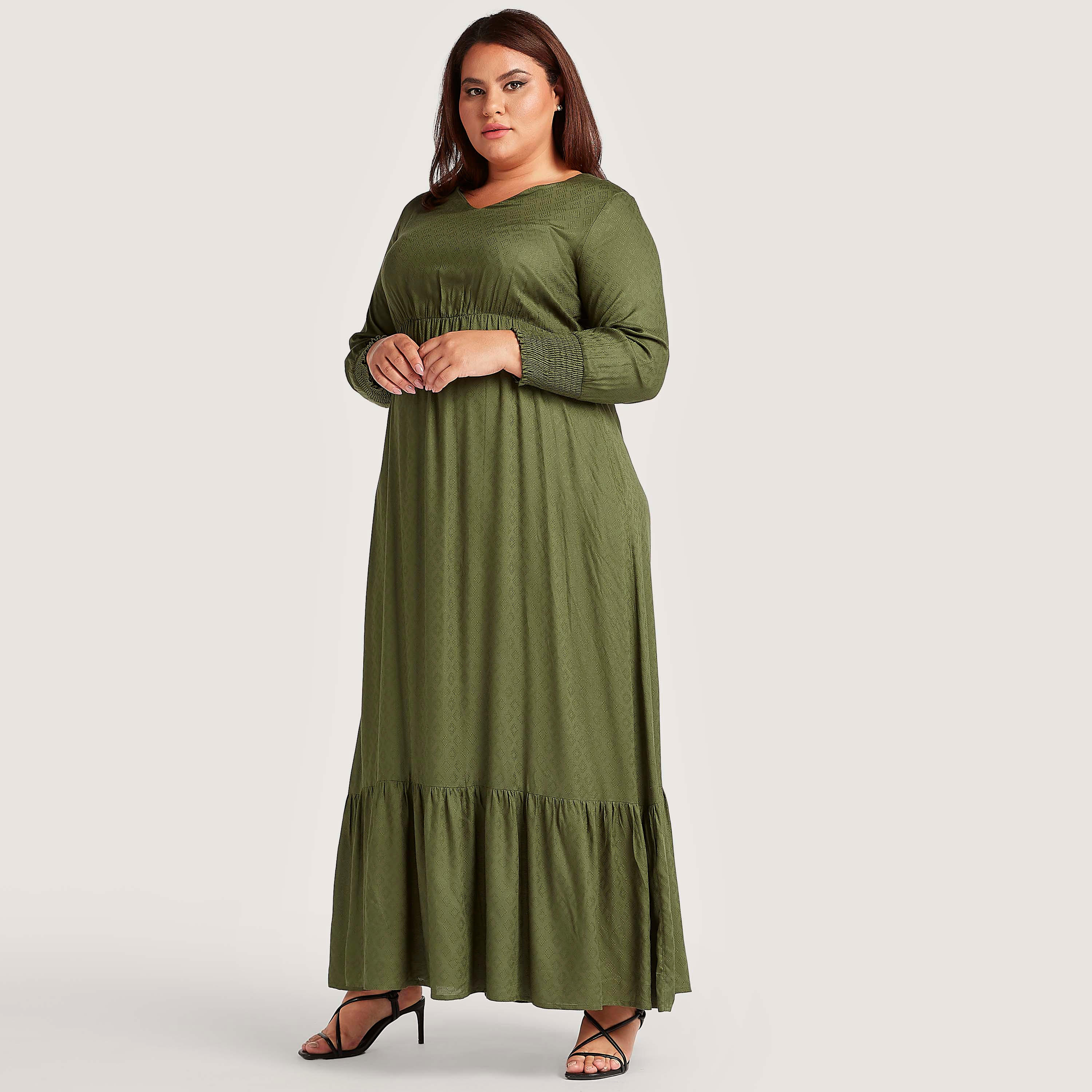 فستان طويل إيه لاين بارز الملمس بجيوب وأكمام بأساور مطرزة-women-clothing-dresses-image-3
