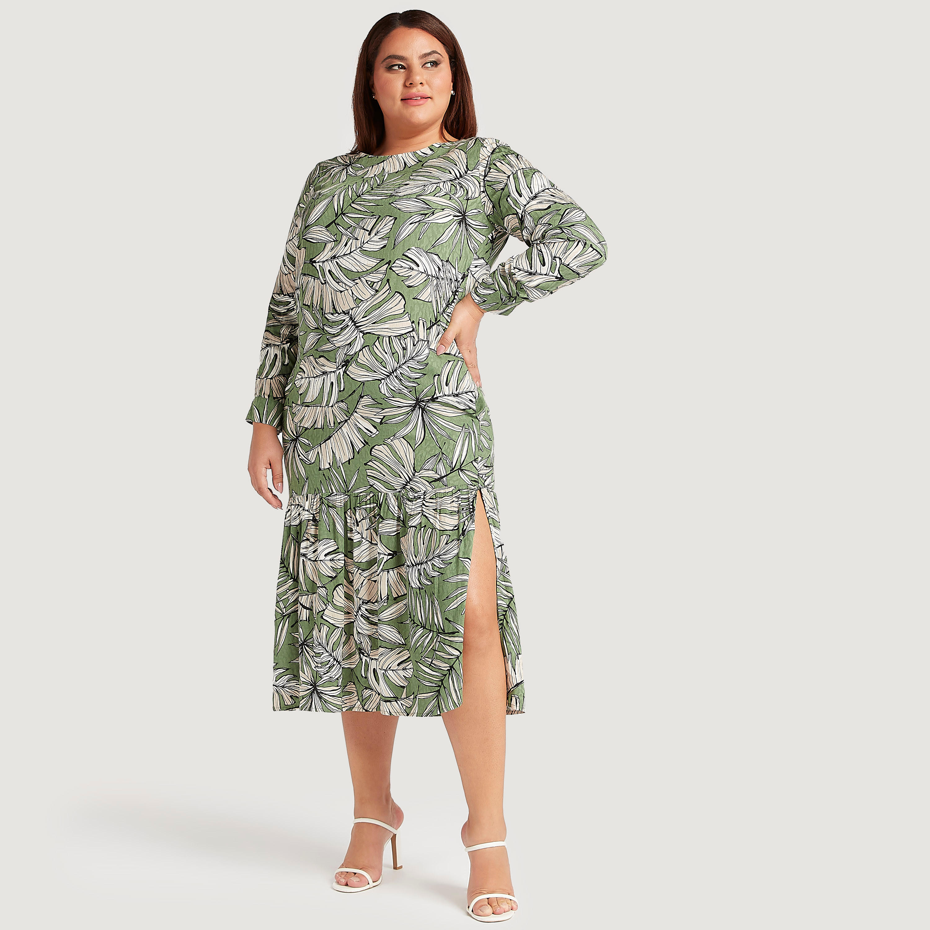 فستان ميدي بتصميم أزهار وأكمام طويلة وفتحة جانبيّة-women-clothing-dresses-image-1