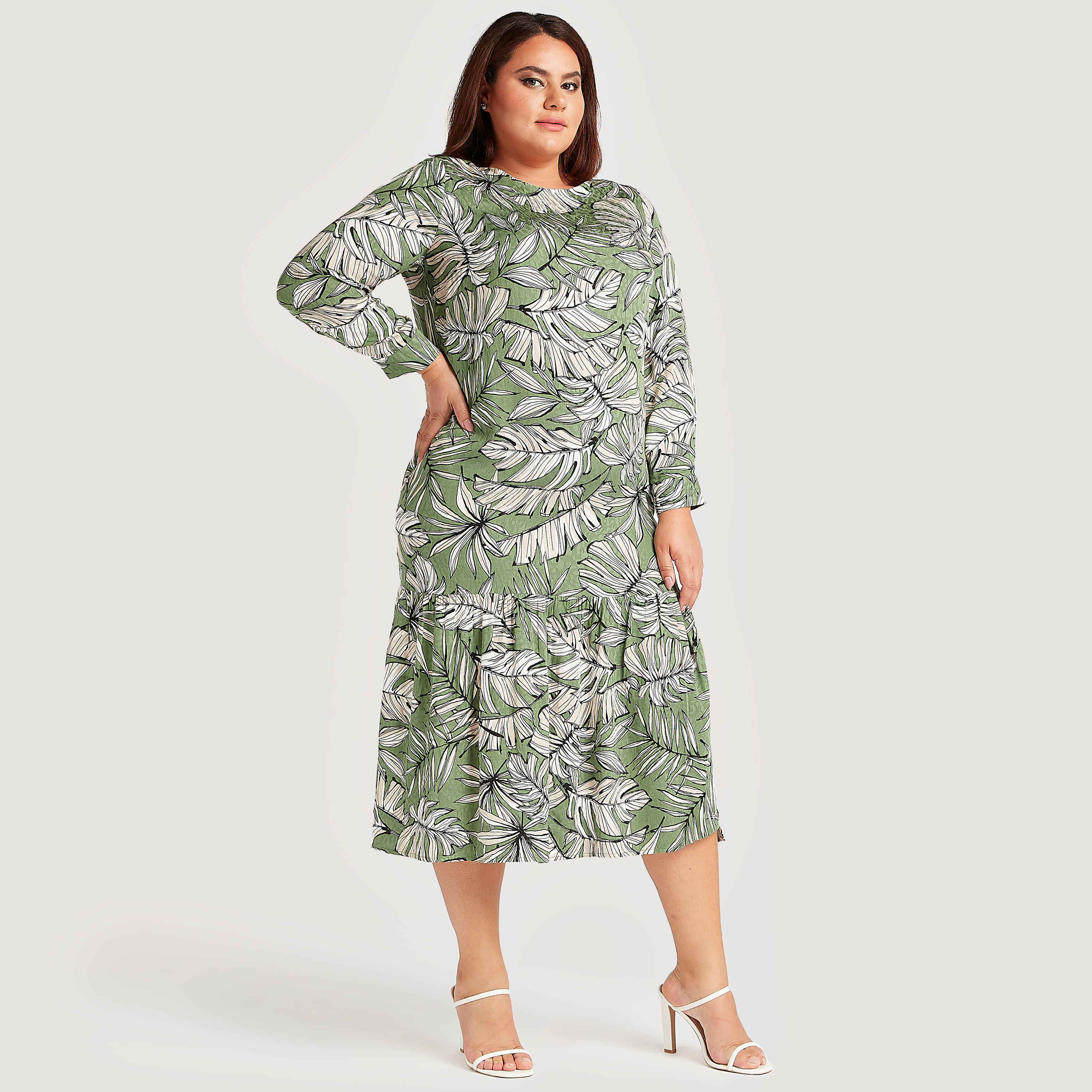 فستان ميدي بتصميم أزهار وأكمام طويلة وفتحة جانبيّة-women-clothing-dresses-image-2