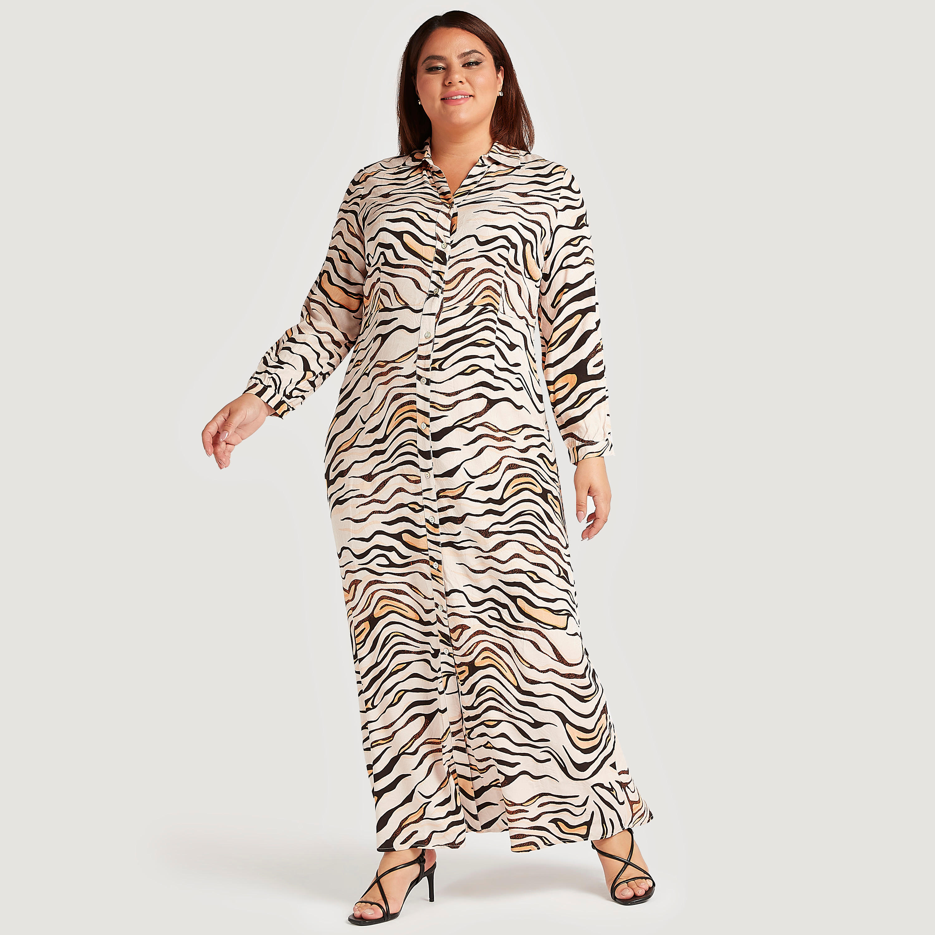 Animal Print Button Up A-line Shirt Dress with Long Sleeves-women-clothing-dresses-image-1
