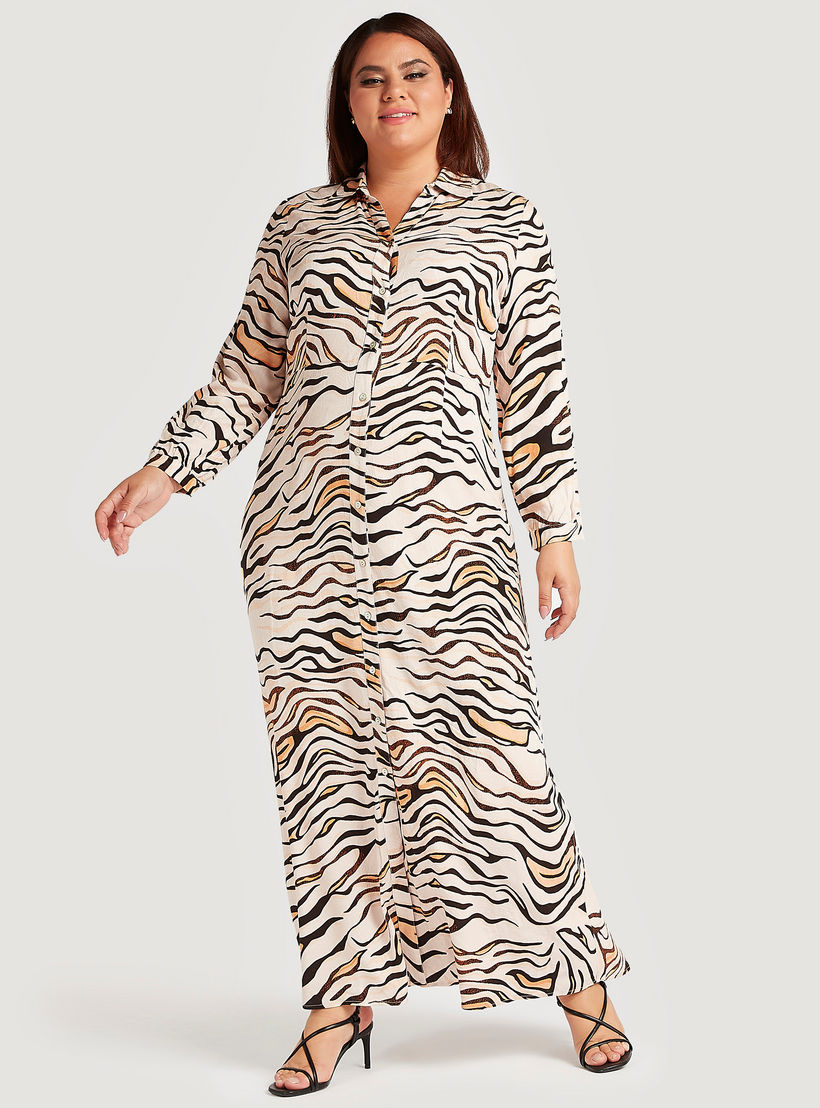Animal Print Button Up A-line Shirt Dress with Long Sleeves-women-clothing-dresses-image-1