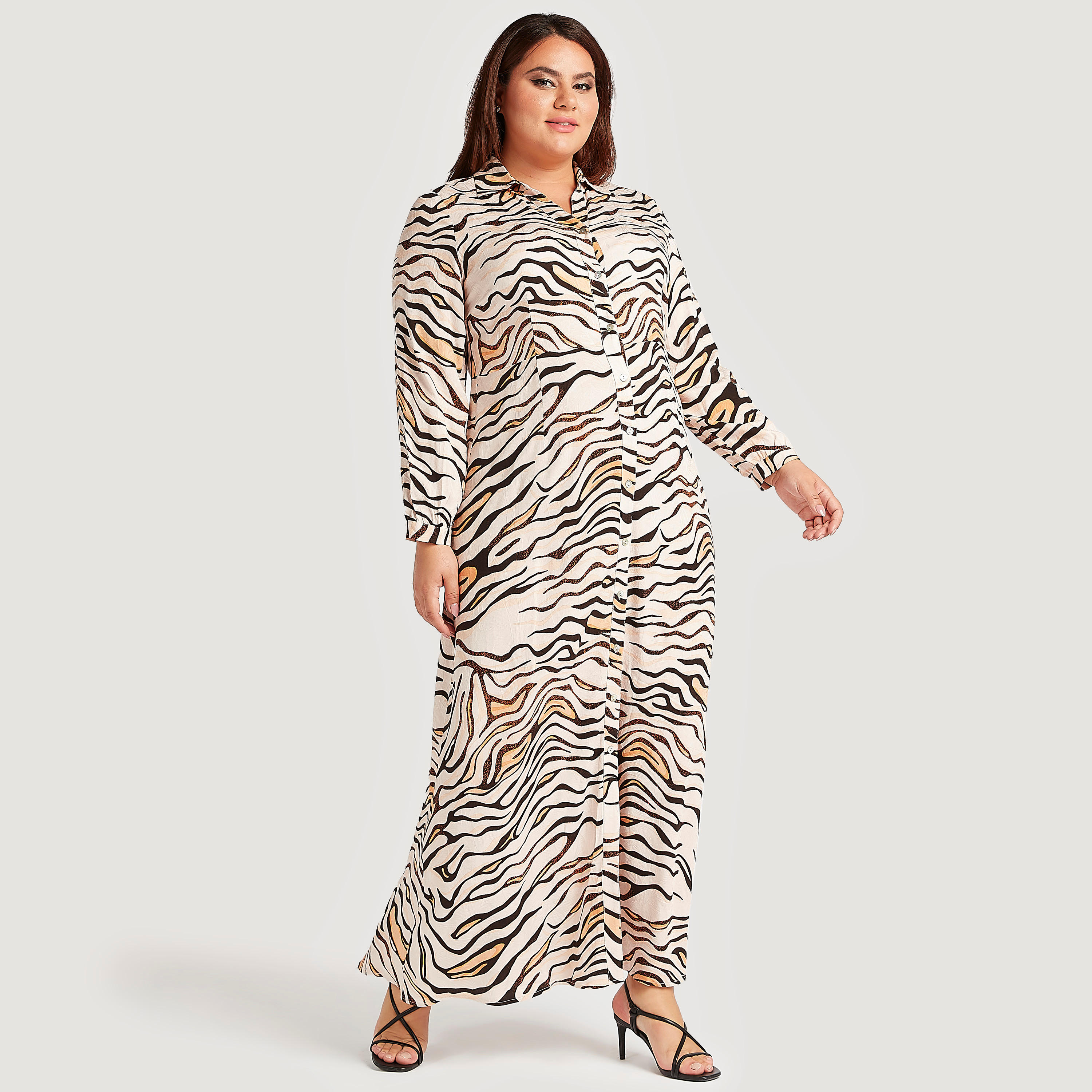 Animal Print Button Up A-line Shirt Dress with Long Sleeves-women-clothing-dresses-image-2