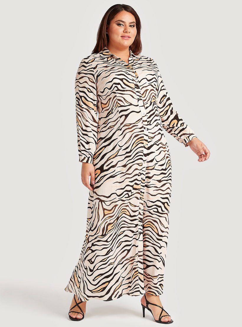 Animal Print Button Up A-line Shirt Dress with Long Sleeves-women-clothing-dresses-image-2