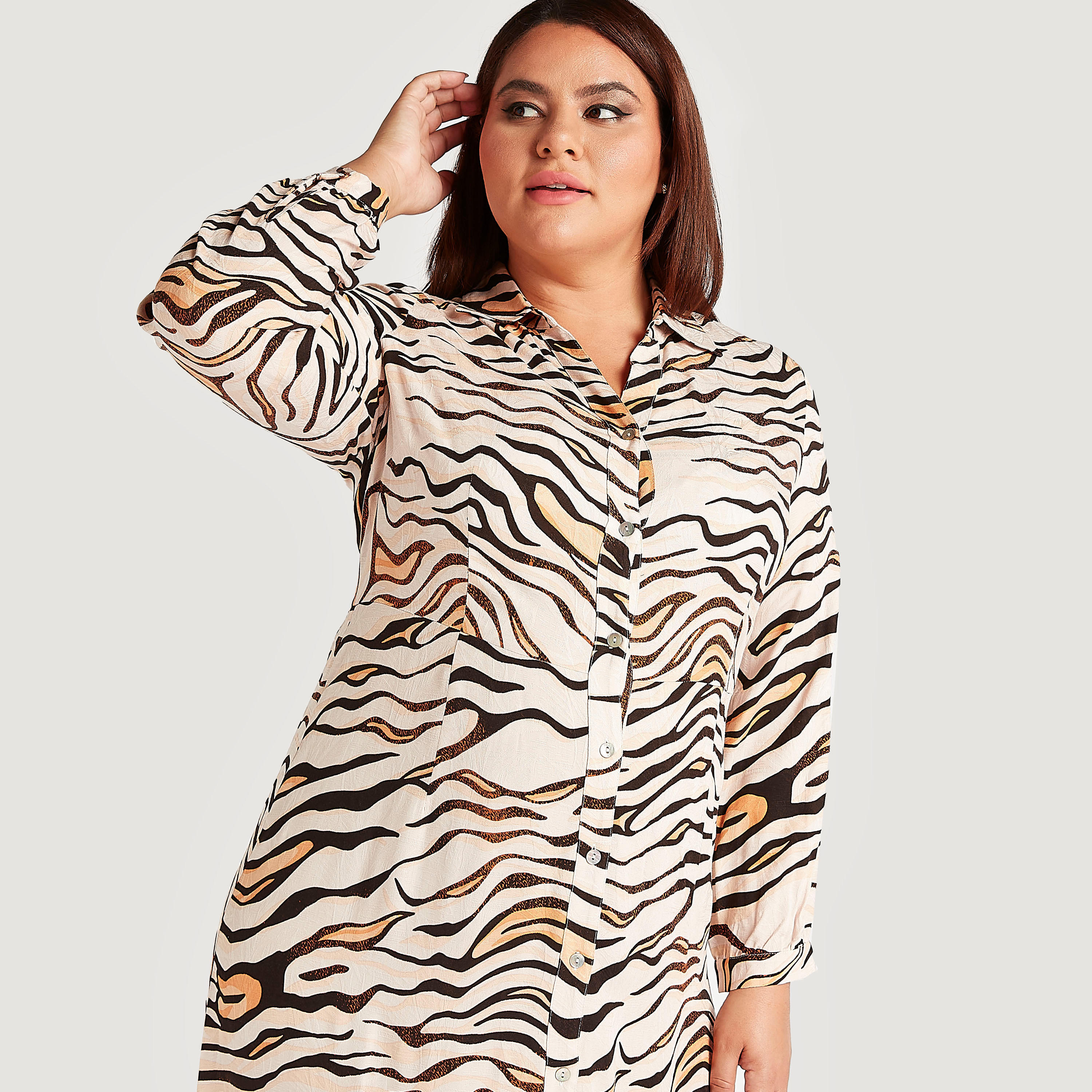 Animal Print Button Up A-line Shirt Dress with Long Sleeves-women-clothing-dresses-image-3